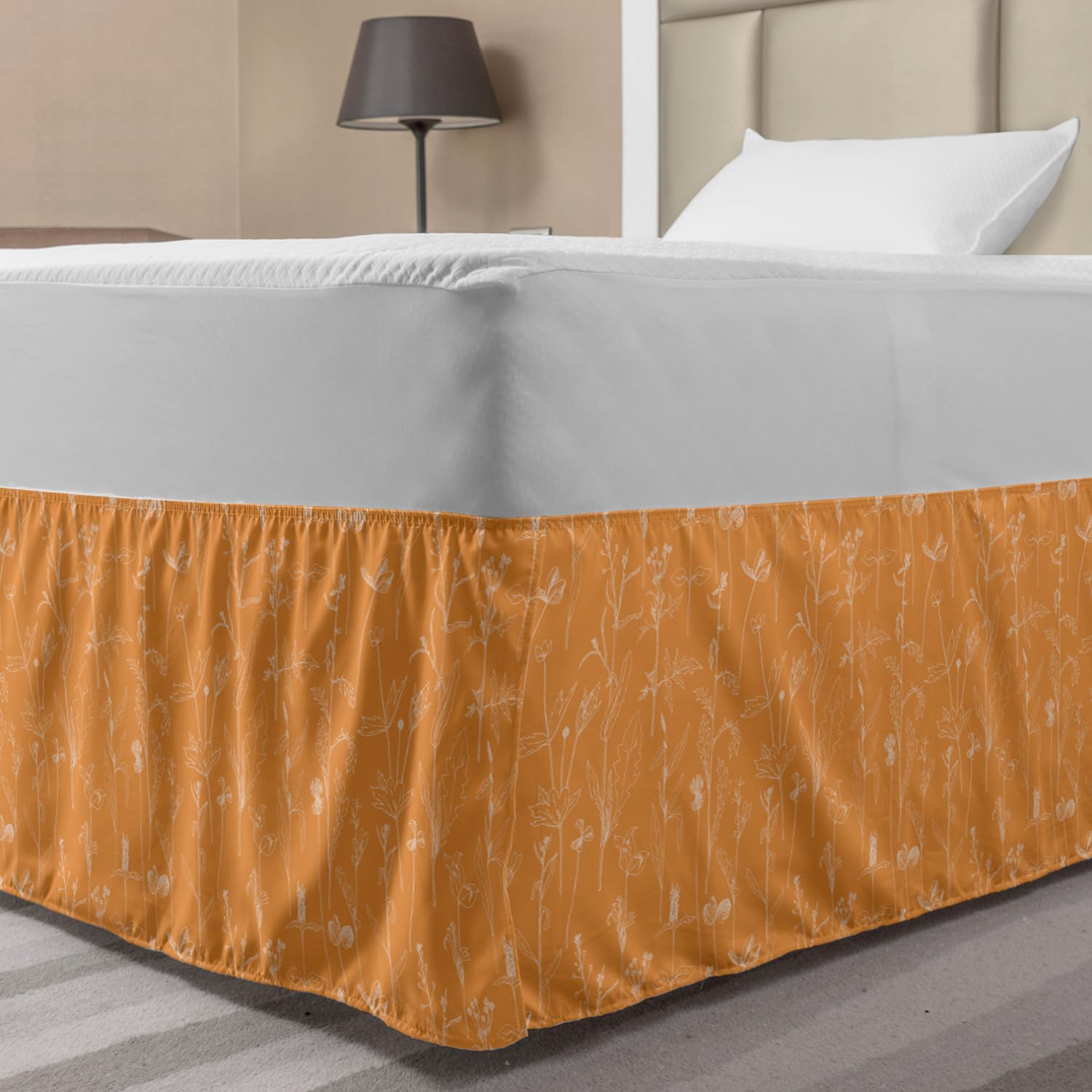 Ambesonne Orange and White Elastic Bed Skirt Hand Drawn Arrangement Outline Blooming Leaves on Orange Backdrop Wrap Around