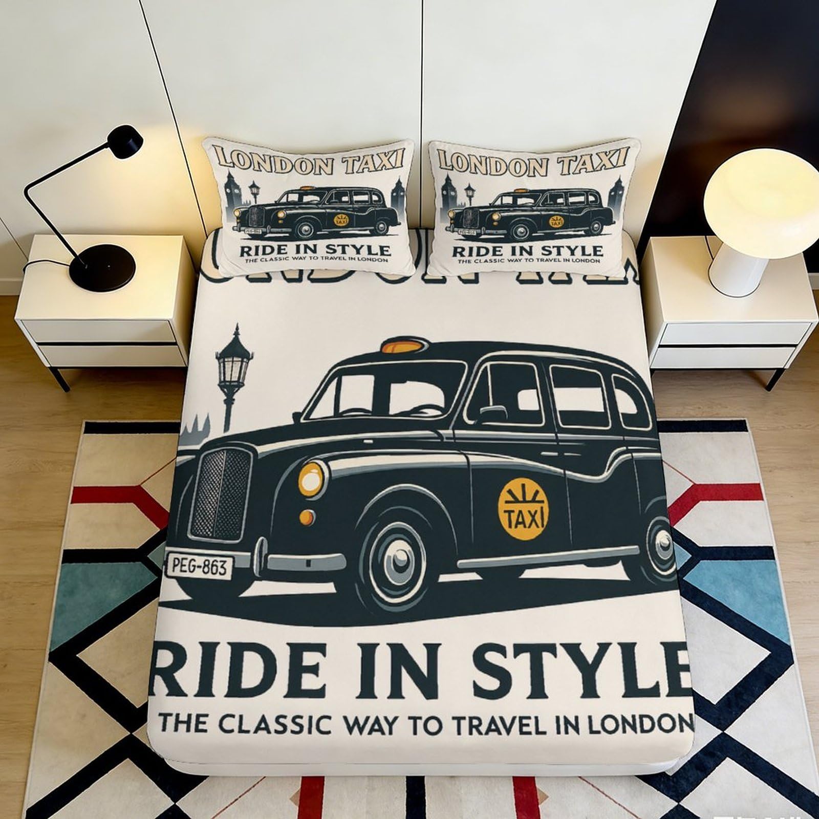 3D Printed London Taxi Fitted Sheet Microfiber Breathable City Street Bed Cover for Bedroom Guestroom Decoration 90x200x25cm