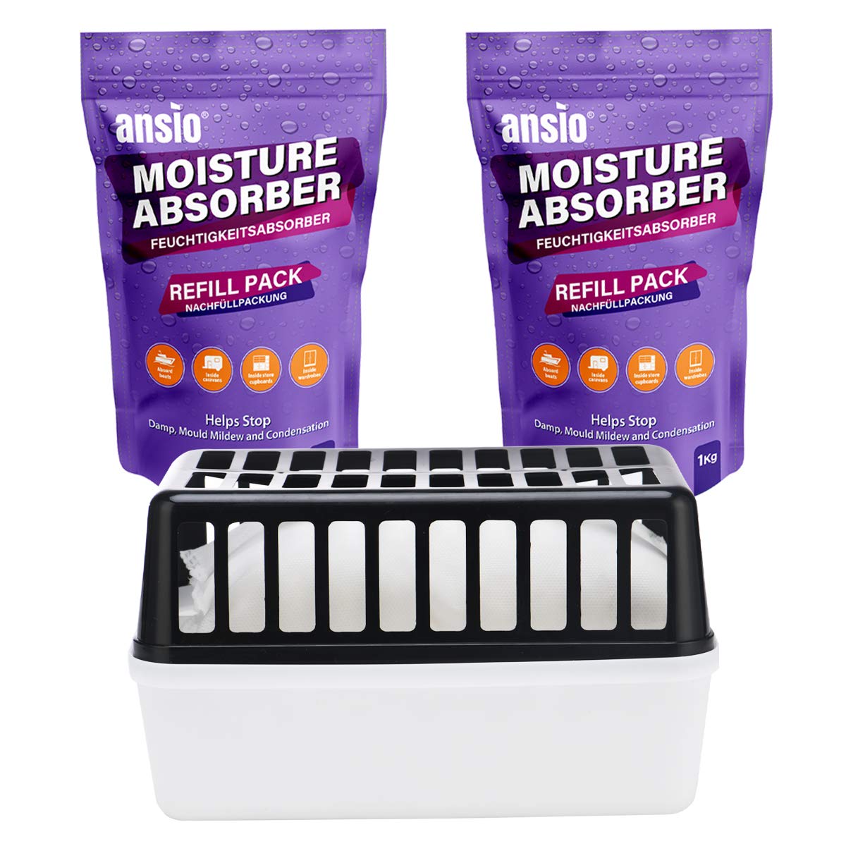 ANSIO Refillable Moisture Absorber with 2 x 1000 gram Refills, Condensation Remover Dehumidifiers for Damp, Mould, Moisture in Home, Kitchen, Wardrobe, Bedroom, Caravan, Office, Garage, Bathroom