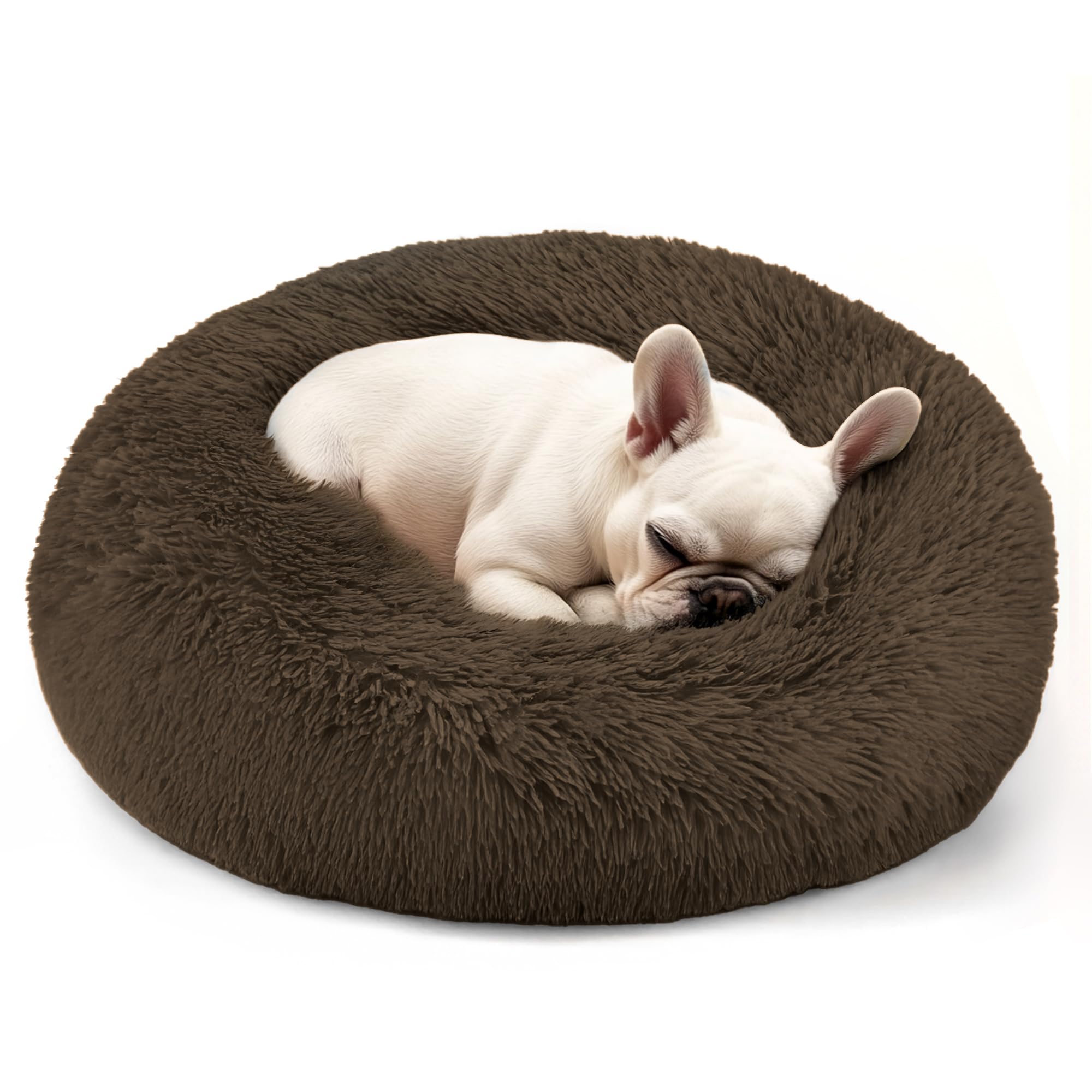 Dogs Bed for Small Dogs, Anti-Anxiety Washable Round Bed (Coffee, 24.0" L x 24.0" W x 8.0" Th)
