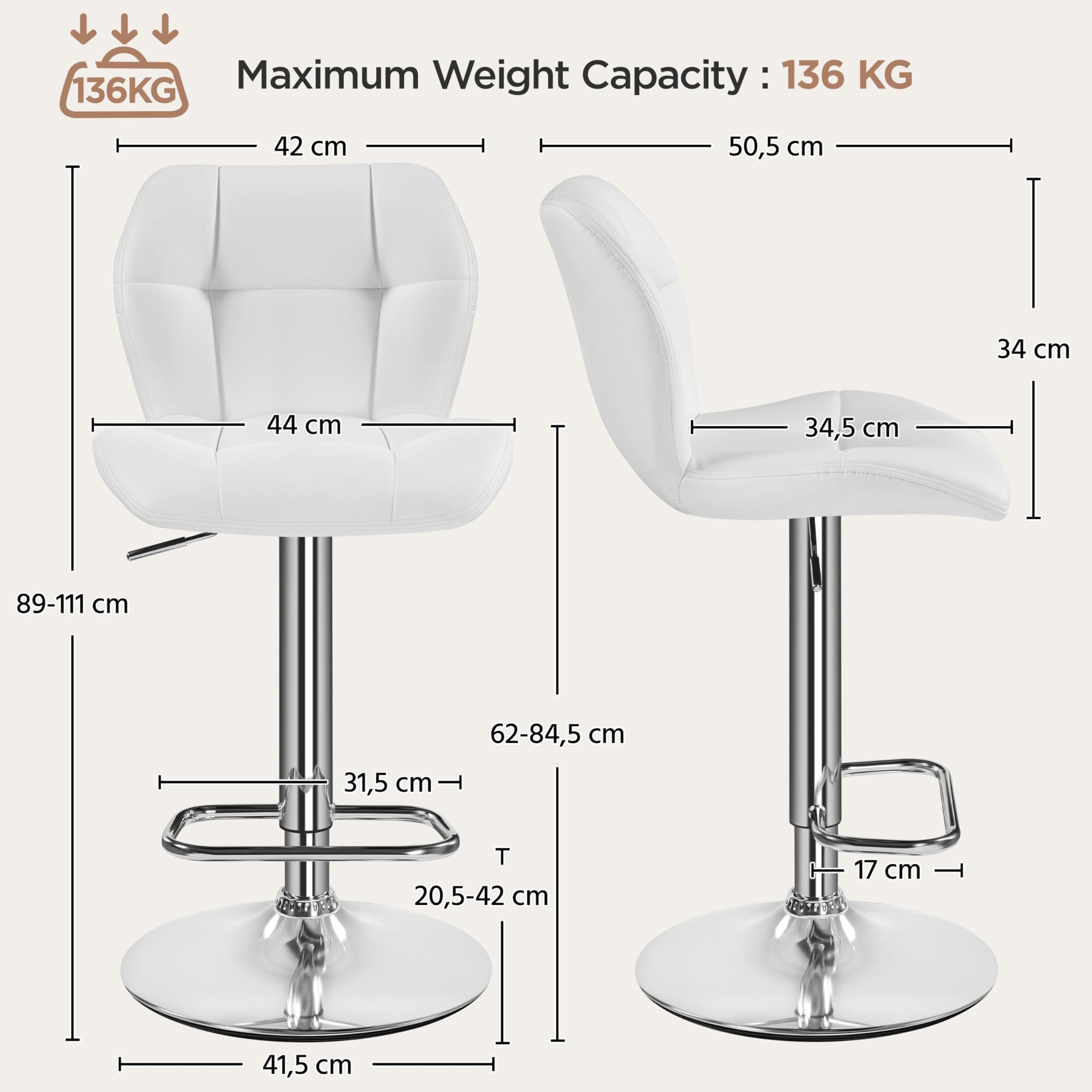 Yaheetech Tabouret de Bar Réglables en Hauteur Moderne,Chaise de Bar en Similicuir et Métal,Tabouret Haut Capacité de Charge Maximale 136 kg,44 × 50,5 × 89 cm Blanc