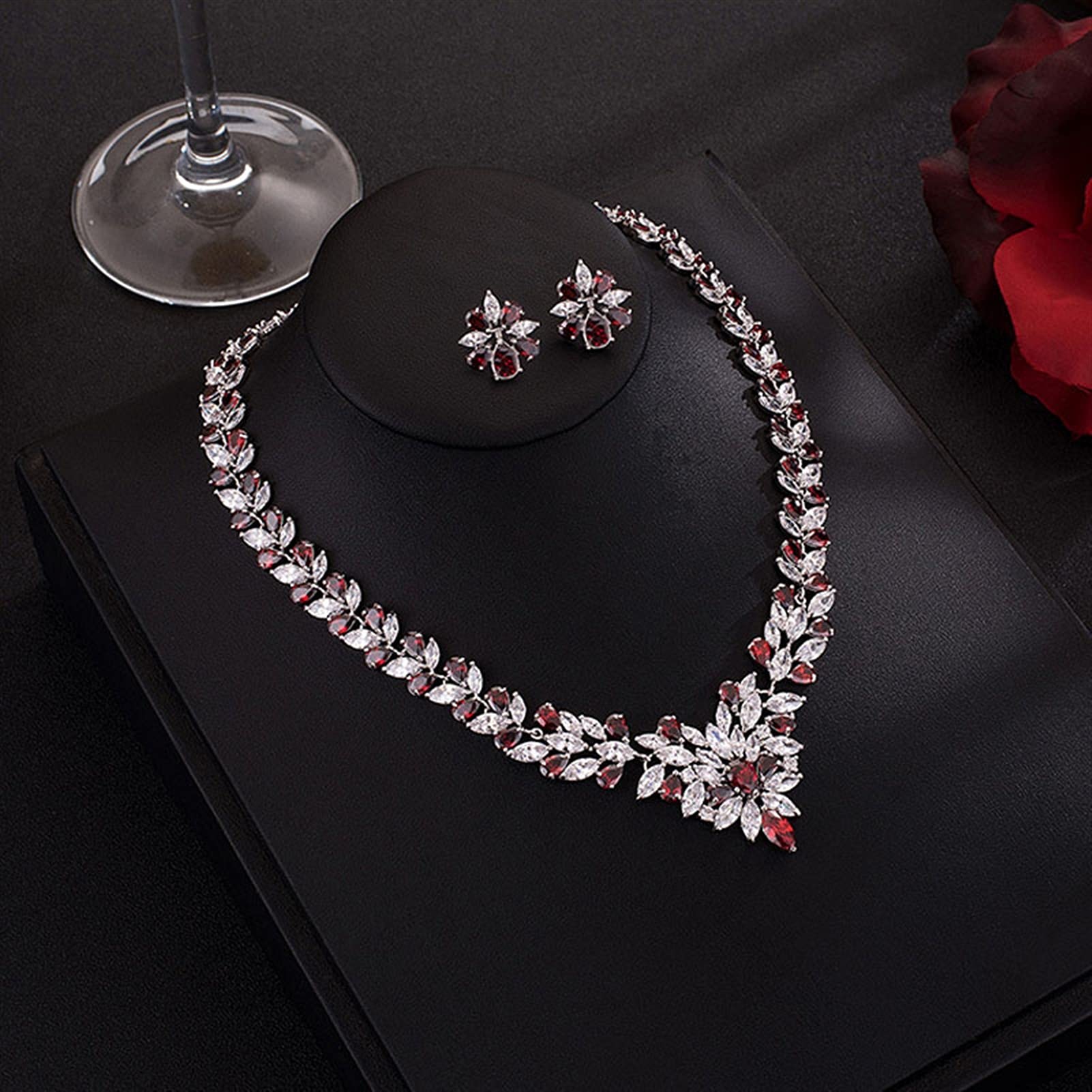 Joyería Joyería de Traje de Fiesta de Boda Hoja Brillante Zirconia cúbica Pendientes de Perno Conjuntos de Collar