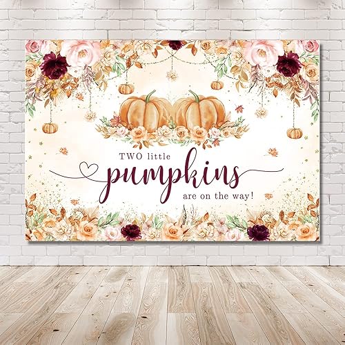 Miniatura 6 de MEHOFOND Telón de fondo de otoño de 7 x 5 pies para baby shower, dos pequeñas calabazas están en camino, rosa rubor, floral, bohemio, pampas,