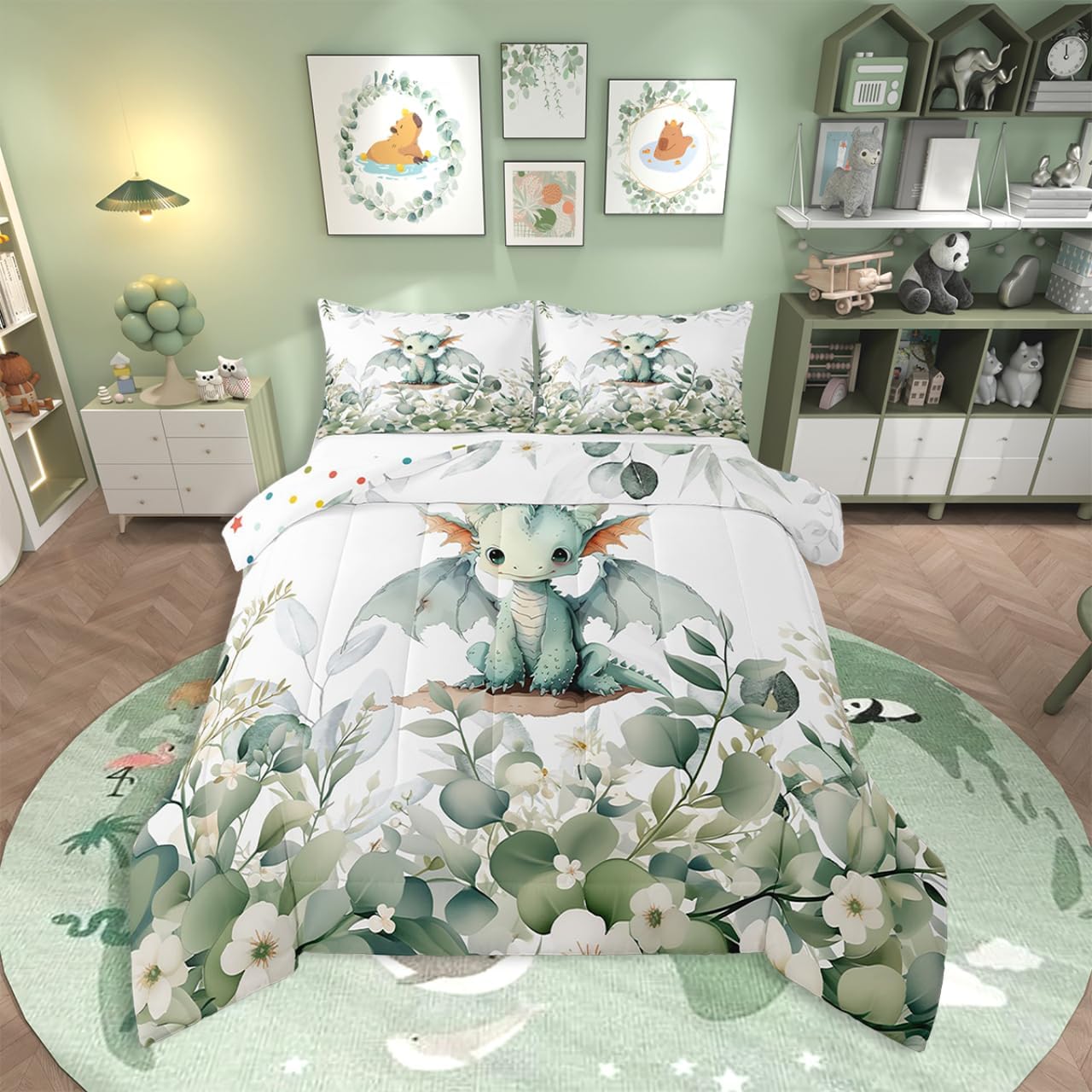 Erosebridal Girls Kawaii Magic Animal Full Size Comforter Set Cute Dragon Bedding Set, Cartoon Wildlife Down Comforter Green Leaf Bed Set, Spring Garden Plant Quilted Duvet Child Kids Bedroom Decor