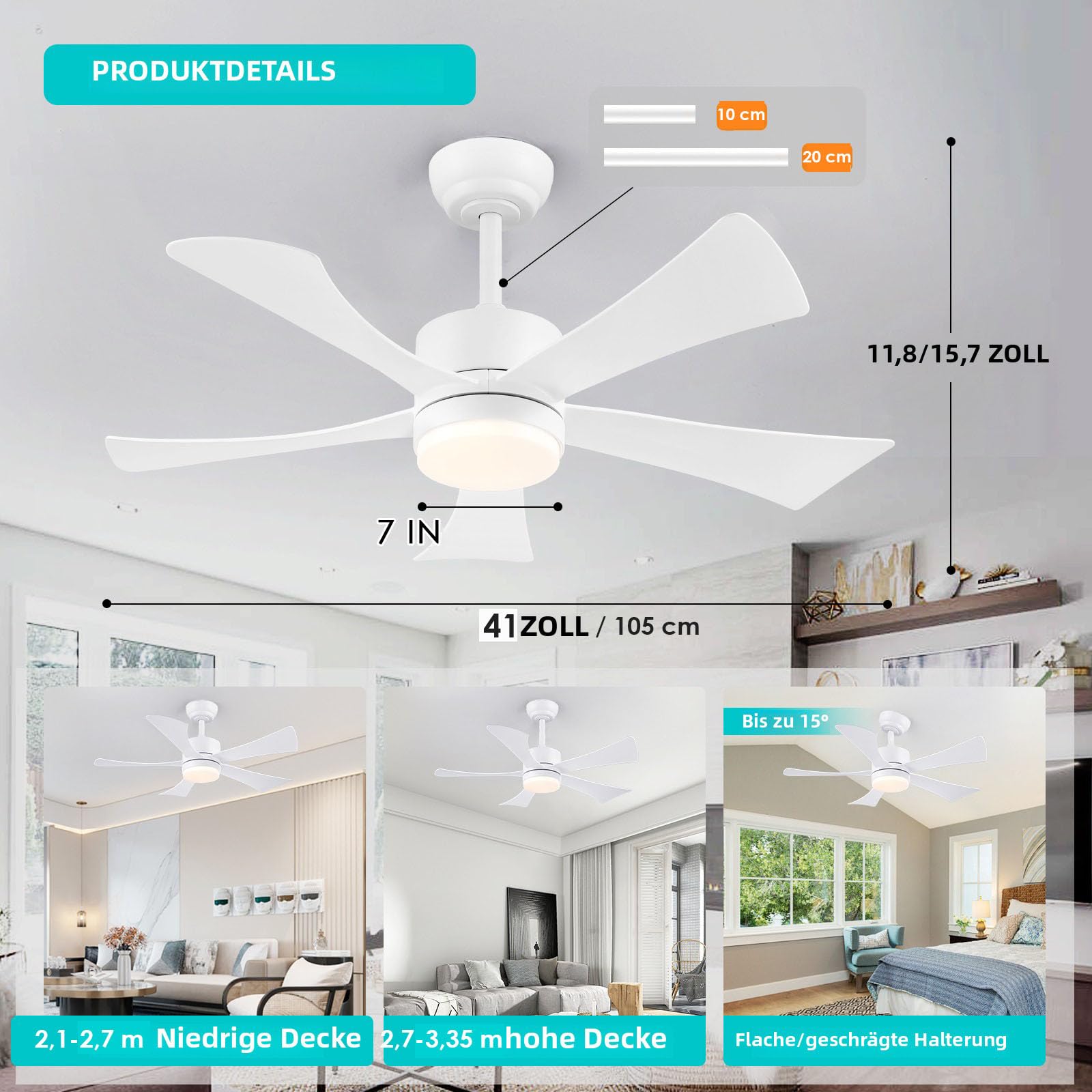 105 cm Deckenventilator mit Licht, Moderner Weißer Deckenventilator mit App-Fernbedienung, DC-Motor (leise), 3CCT dimmbare Beleuchtung mit Memoryfunktion, LED Deckenventilator für Schlafzimmer
