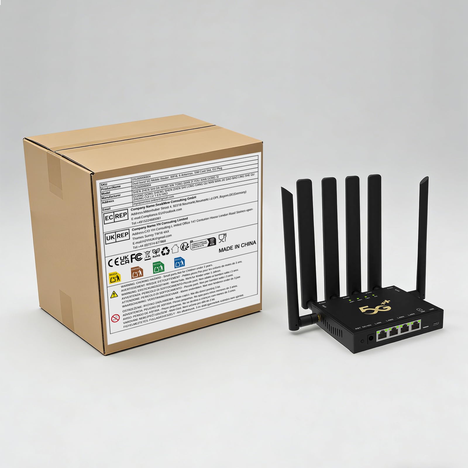 Router 5G WiFi 6, 6 antenne, scheda SIM, porta LAN Gigabit | Cassa in metallo, doppia banda 2,4 e 5,8 GHz, accesso 5G 4G, Casa Ufficio Zone senza fibra