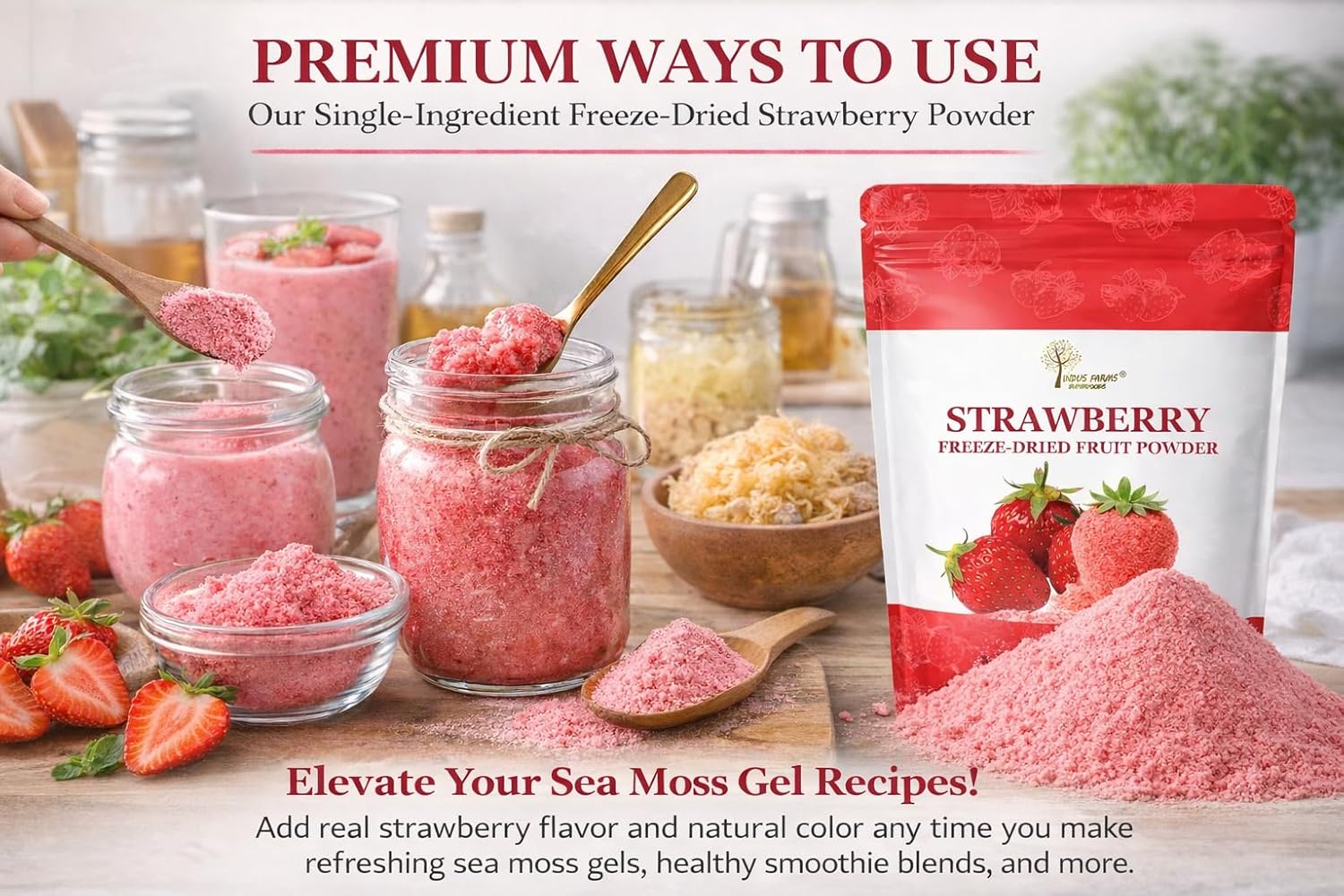 Indus Farms Freeze Dried Strawberry Powder (Single Ingredient) – No Added Sugar, Pure Fruit Powder for Smoothies, Sea Moss Gel Blends, Baking & Everyday Recipes – 8 oz