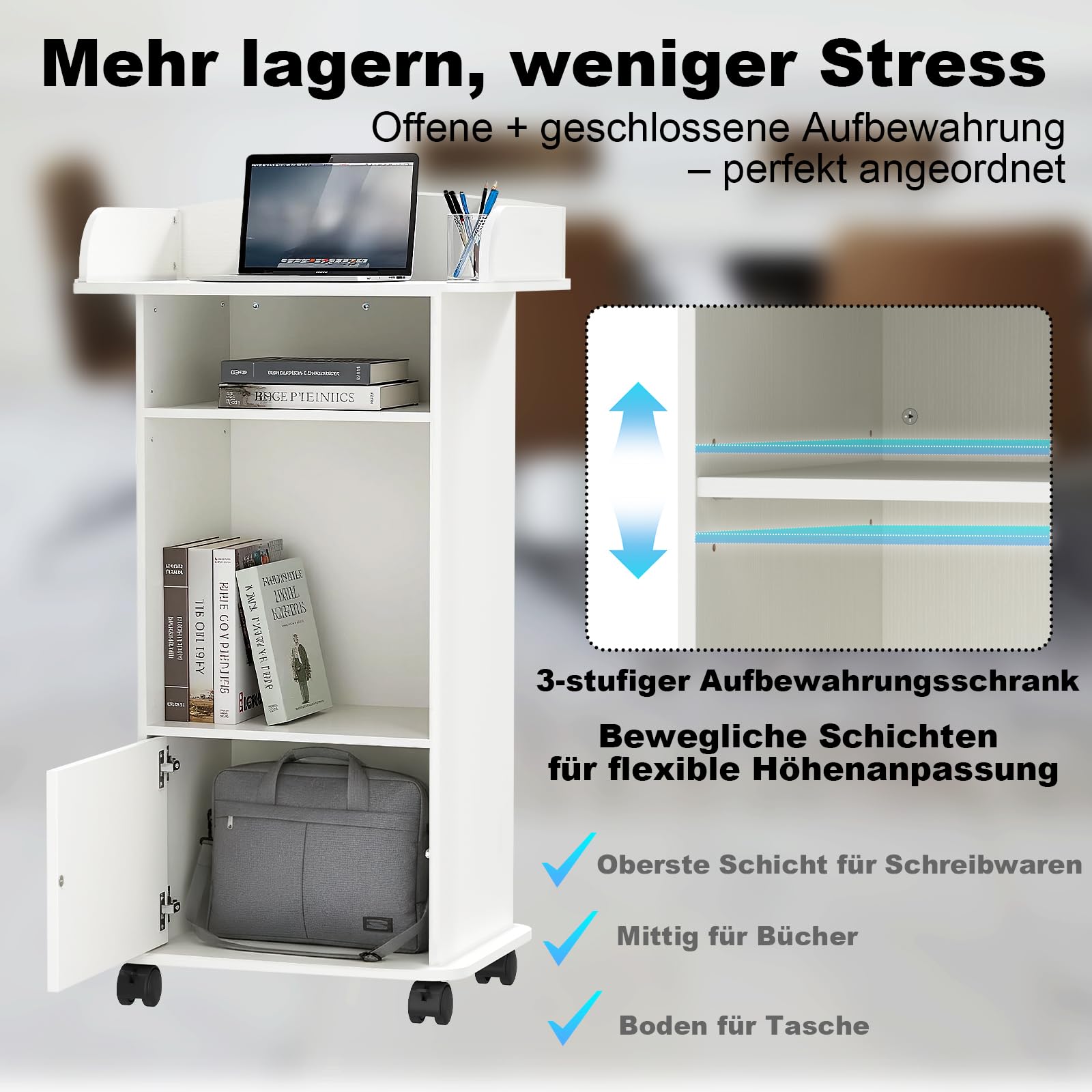 Holz-Rednerpult Stehpult, Weiß | Mit Rollen, 3 Ablageflächen, Für Kirchen, Für Vorträge, Für Schulen und Seminare