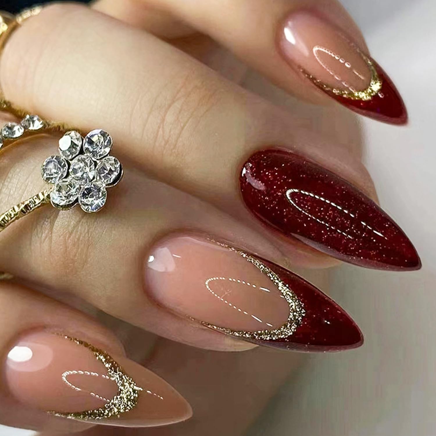 Amazon.com: Lomxene 24Pcs Almond Press on Nails Medium Burgundy French Tips  Fake Nails with Gold Curve Glitter Designs Glossy Full Cover False Nails  for Women : Beauty & Personal Care