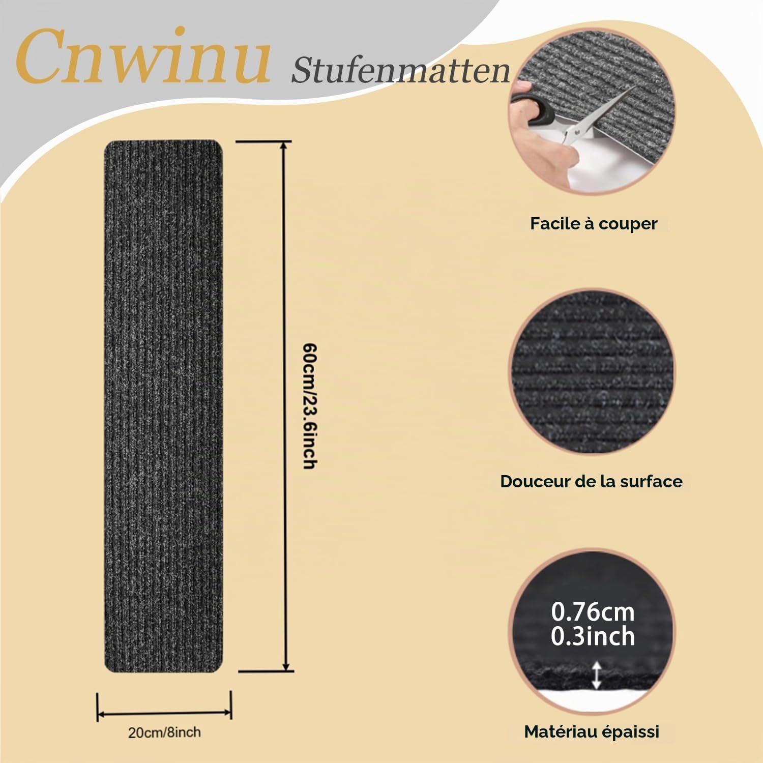 Lot de 15 tapis de marche d'escalier autocollants antidérapants pour l'intérieur 60 x 20 cm Tapis d'escalier antidérapant pour enfants, personnes âgées et animaux domestiques (beige)