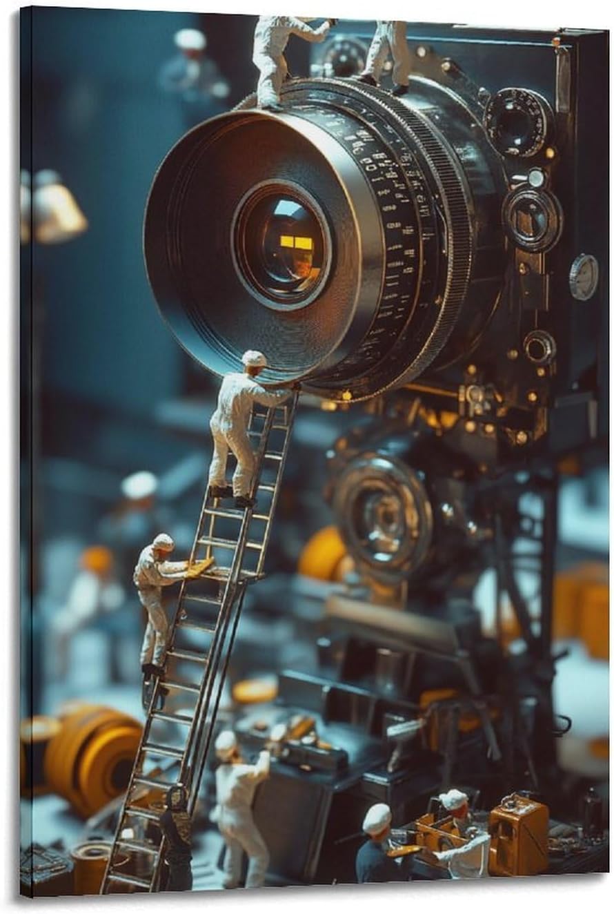 Little Scientist Meticulously Cleans And Repairs A Huge Vintage Film Camera. Retro Technology Realism Canvas Poster Room Aesthetic Decorative Wall