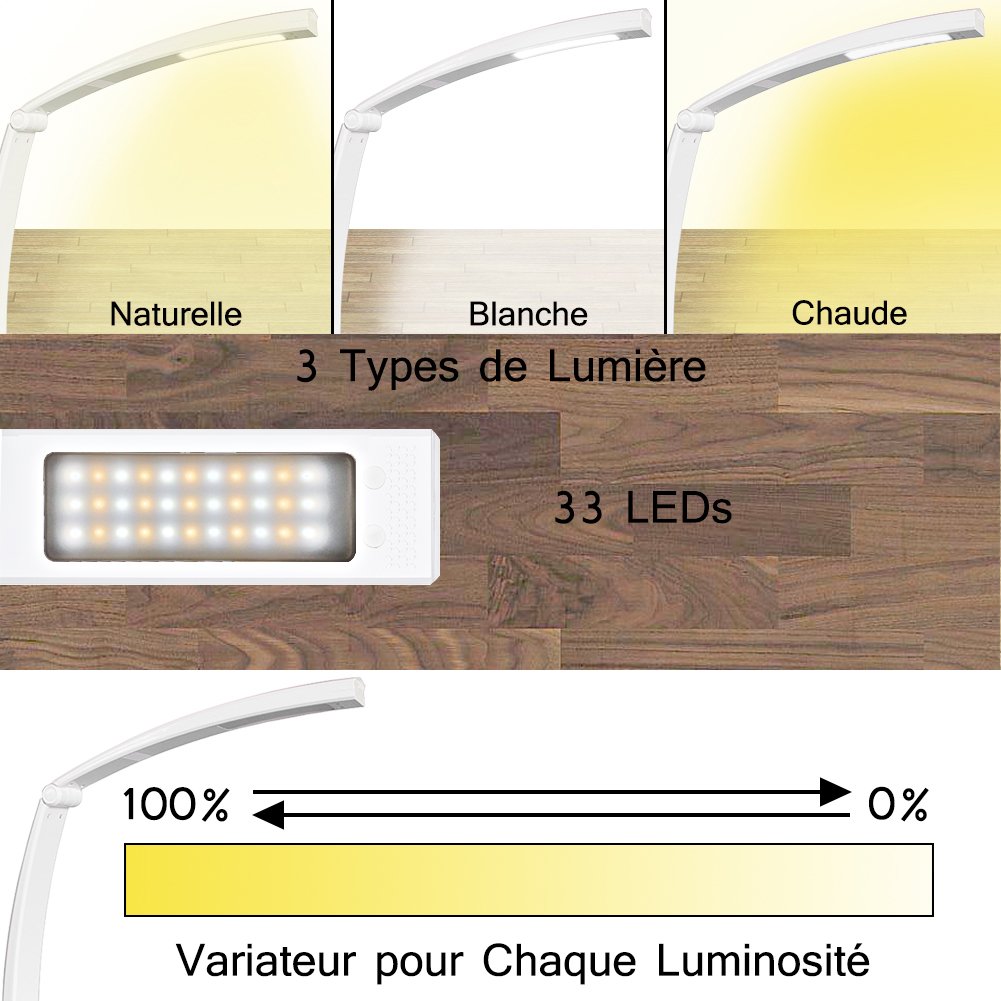 Lampe de Bureau et de Chevet à Led avec Stepless Variateur Tactile - Idéal pour Enfant Chevet - Portable et Rechargeable - Pliable à 180° - Autonomie de 8 Heures - 3 Types de Lumière
