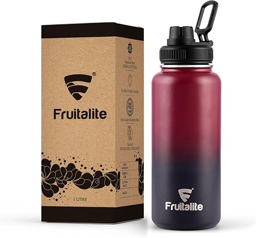 Fruitalite Insulated Water Bottle- 1000ml with Screw/Spout Lid, Stainless Steel Double-Wall Vacuum Thermosteel Flask 1 Lit...
