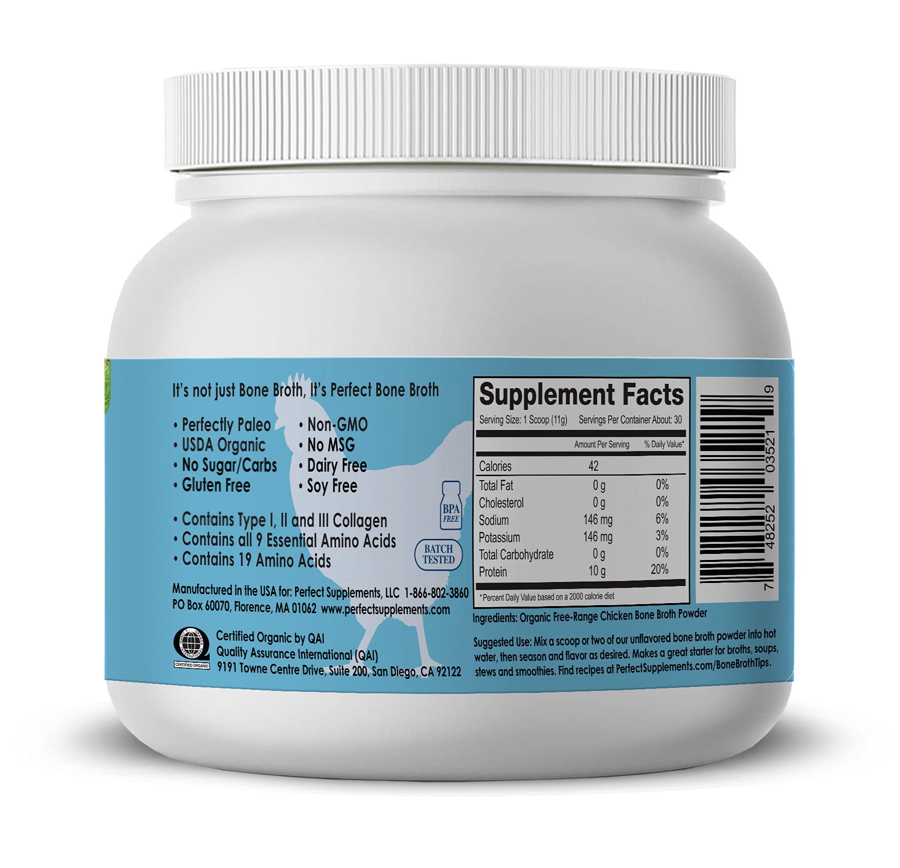 Perfect Supplements Perfect Bone Broth 330 Grams Organic FreeRange Chicken Bone Broth