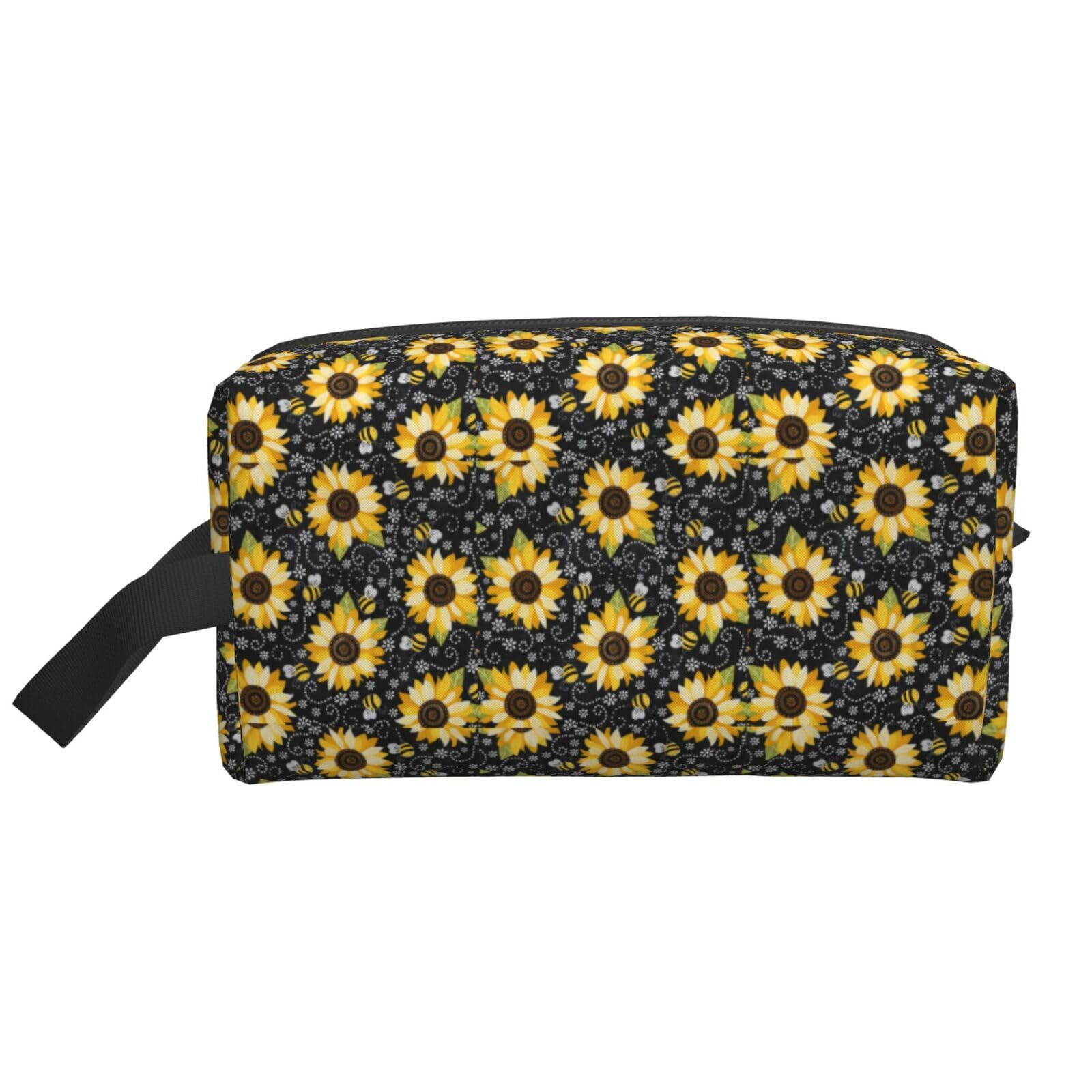Ercgad Unisex White Sunflower Bees Print Large Capacity Travel Toiletry Bag Cosmetic Pouch Daily Storage Makeup Case
