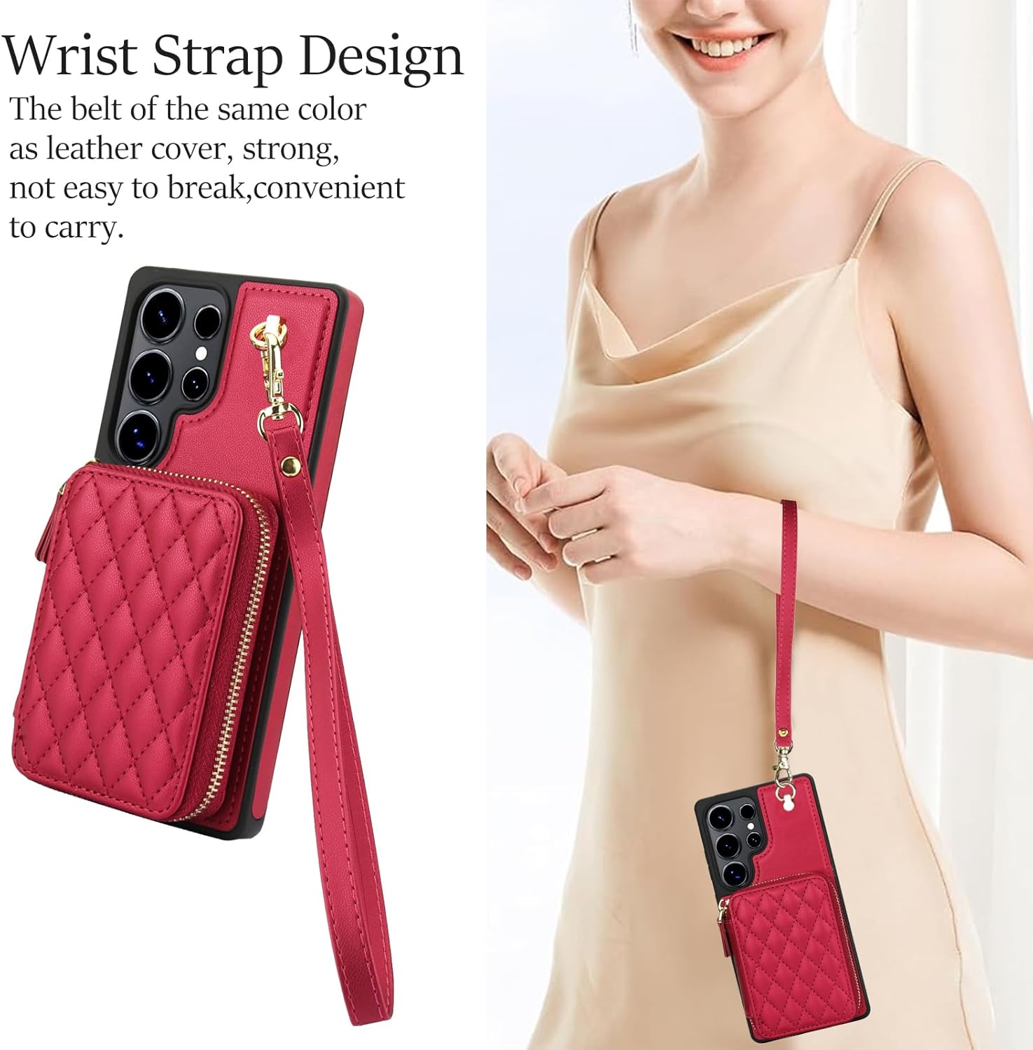 Phone Case for Samsung Galaxy S23 Ultra 5G Wallet Cell Cover with Tempered Glass Screen Protector Wrist Crossbody Strap RFID Blocking Card Holder TPU S23Ultra 23S S 23 23Ultra 6.8 inch Women Girls Red