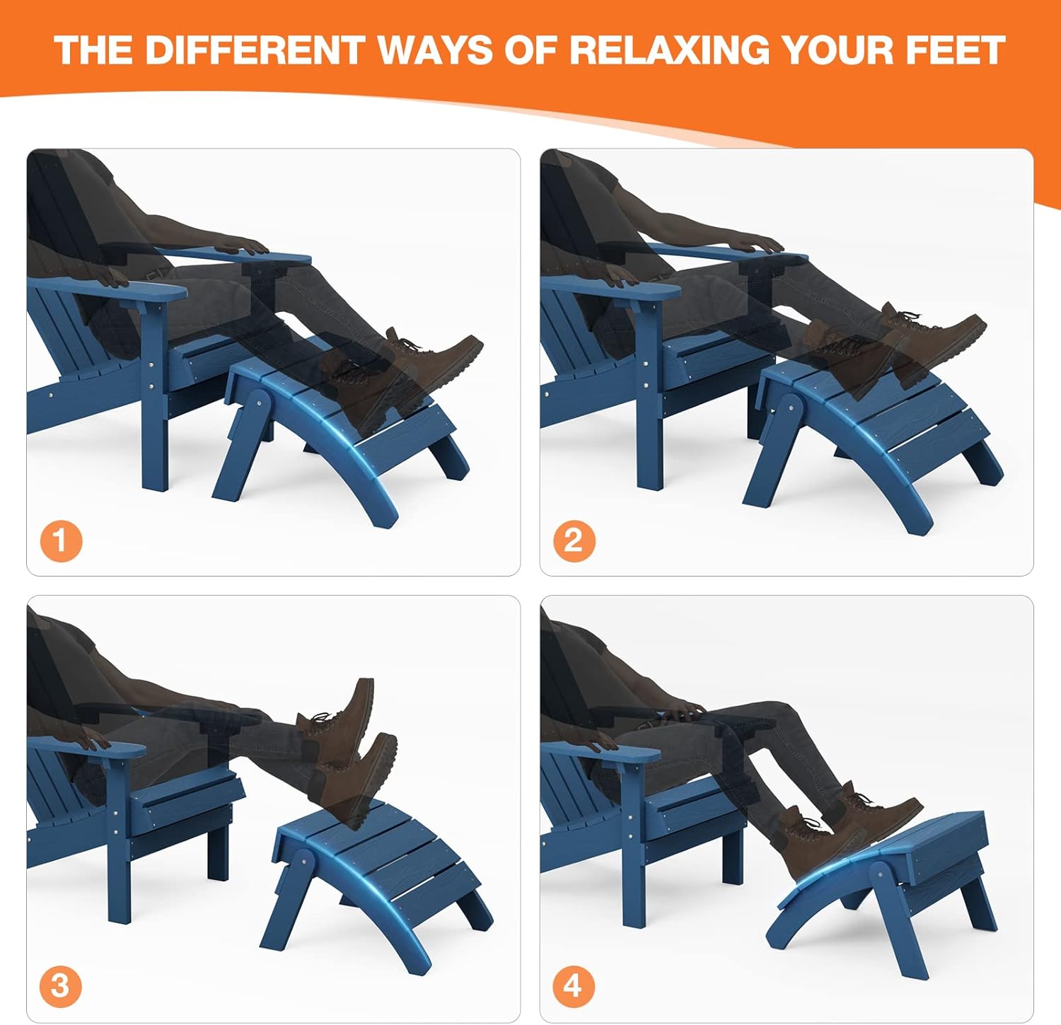 YEFU Adirondack Ottoman Set of 2, Patio Foot Rest, Adirondack Foot Rest, Folding Adirondack Footstool, Weather Resistant for Adirondack Chair, Widely Used for Outdoor, Backyard, Fire Pits-Navy Blue