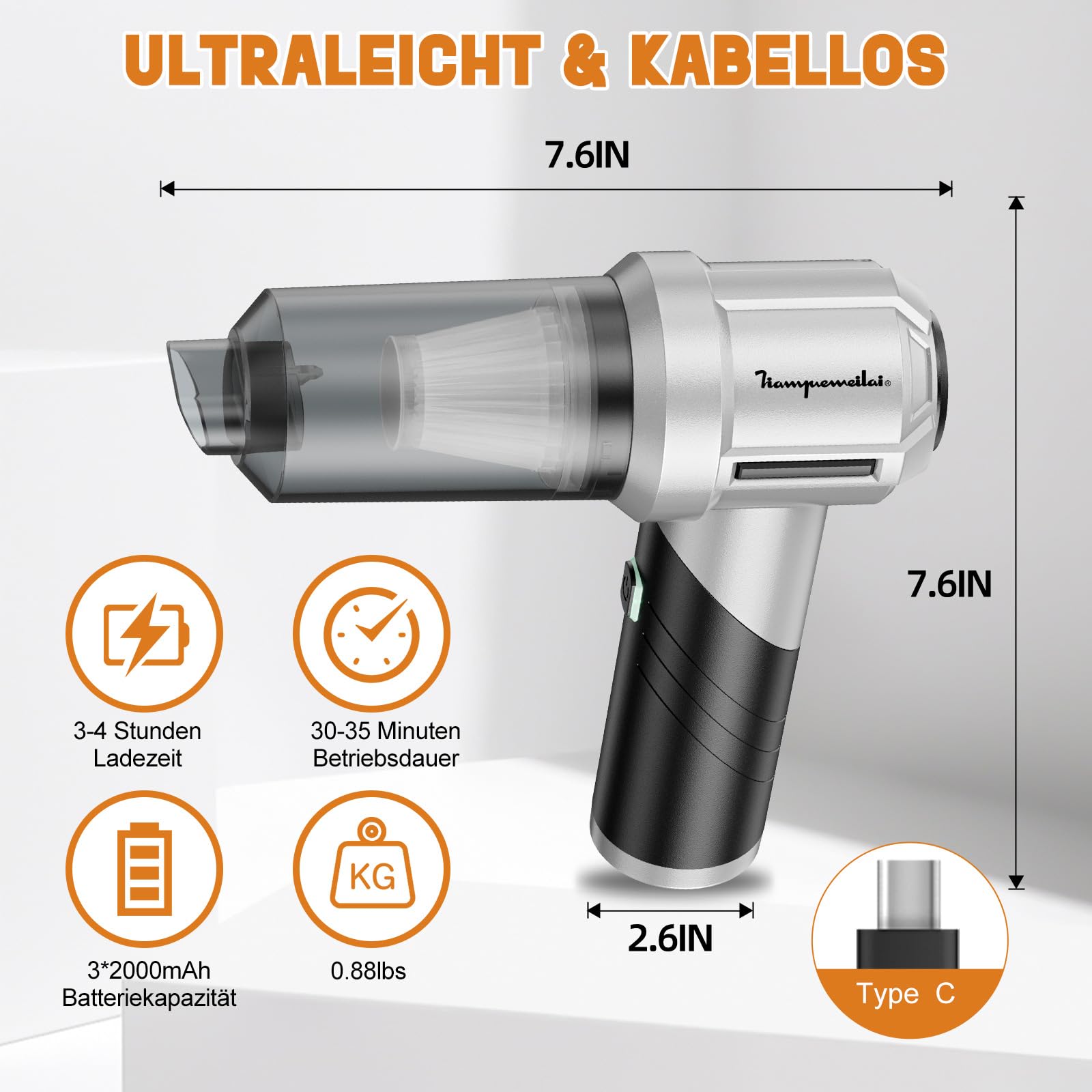 Aspirapolvere Senza Fili Auto Aspirabriciole: 15000PA Portatile 90° Aspirapolvere per Auto- 6000mAh Potente Aspiratore con 3 HEPA Filtri - Mini Aspirazione Ricaricabile Tipo-C per Ufficio Casa Animali