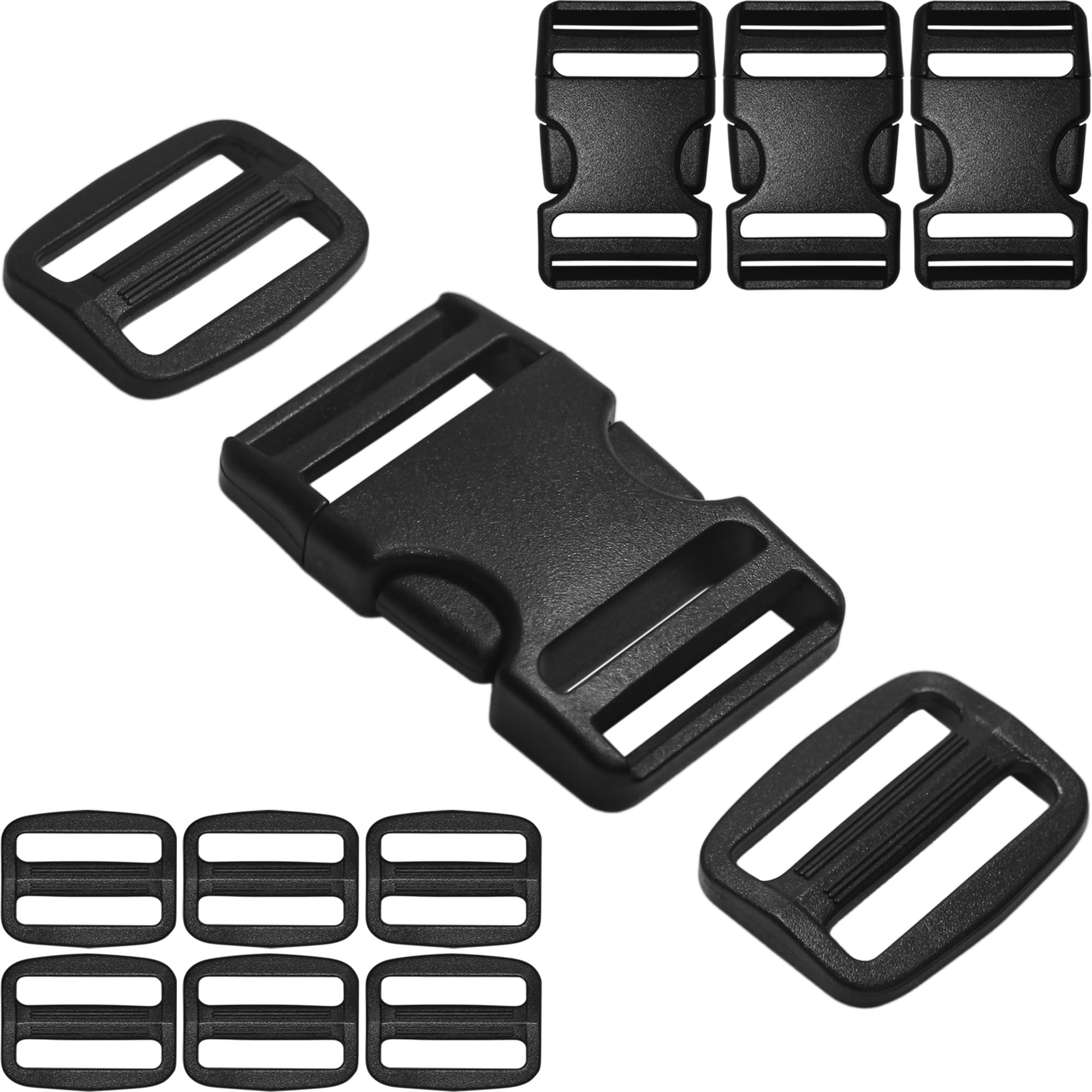 HISUNTEC Buckles for 1-1/4" Straps: 4 set Side Release Buckle and 8 pcs Tri-Glide Sliders Fit 1.25 inch (32 mm) Wide Nylon Webbing, Plastic Snap Clip