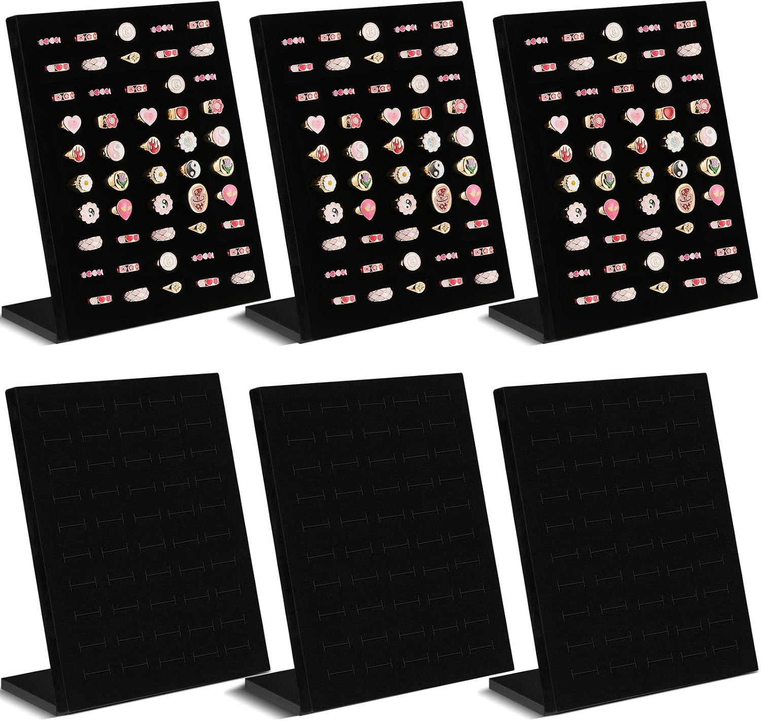 Henoyso 6 Pcs Black Velvet Ring Display 50 Slot L Shaped Ring Holder Stand Display Organizer for Jewelry Selling Store Showcase Selling