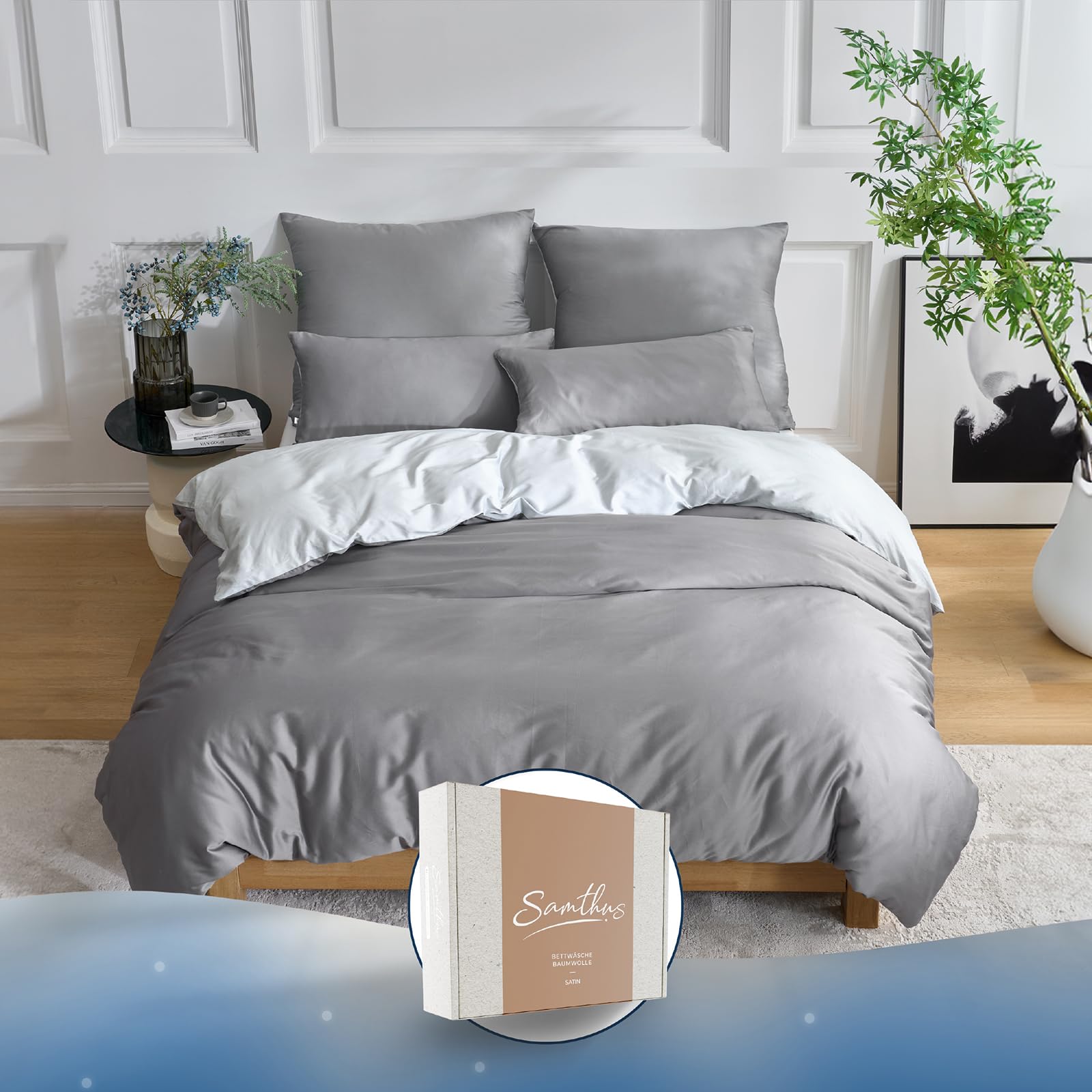 Samthus Bettwäsche 135x200 Baumwolle Satin Wendebettwäsche - Oeko-Tex Made In Green - Himmlisch weicher Schlaf - Bettwäsche Set mit 1x Bettbezug 135x200 + 1x Kissenbezug 40x80 - Hellgrau/Grau