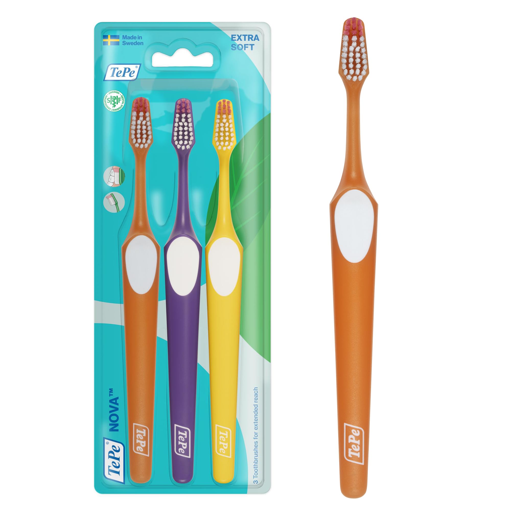 TePe Nova Toothbrush, Extra Soft, Assorted Colours, 3pc, Longer tip for Improved Access to Back Teeth, Toothbrush Medium for Easy and efficient Plaque Removal