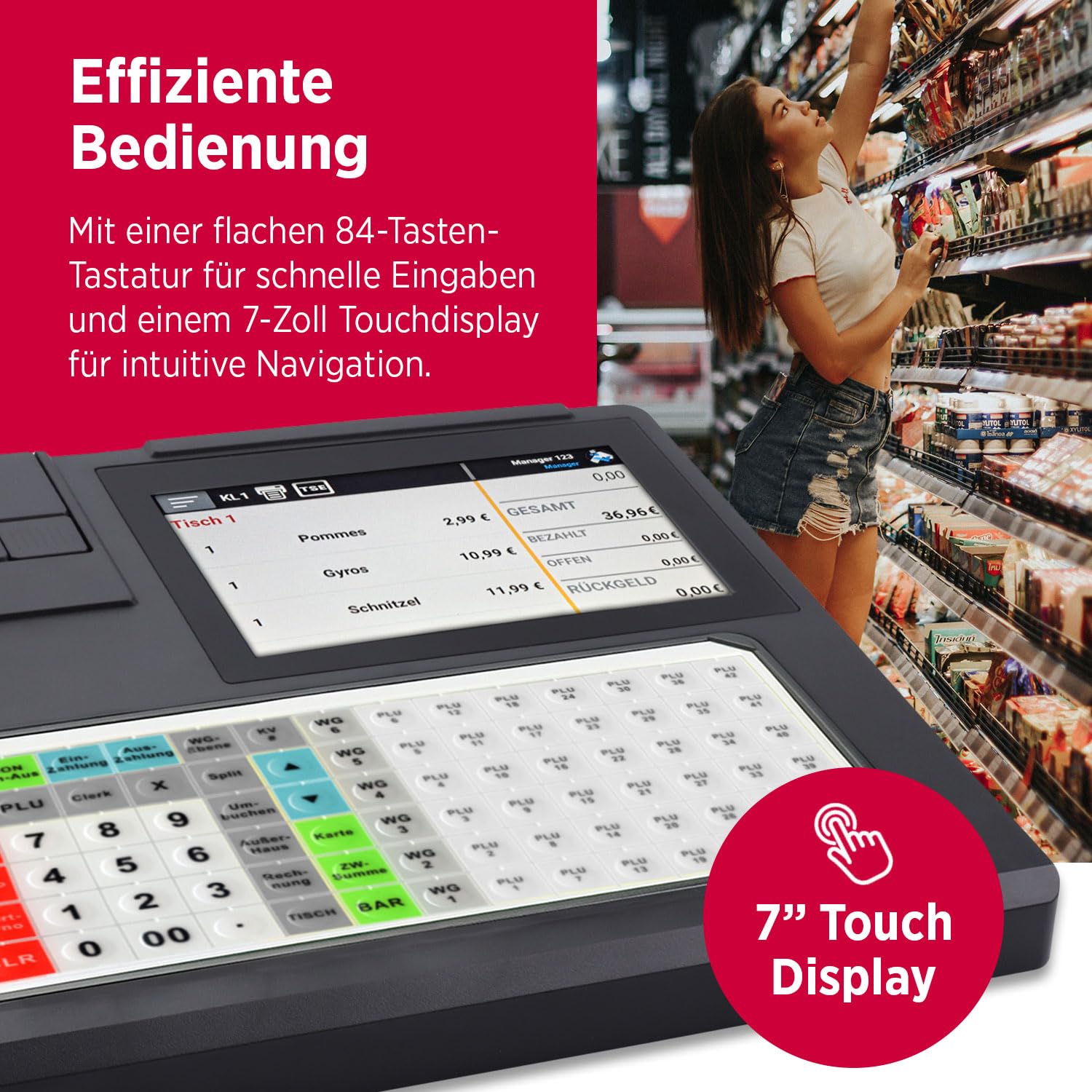 Olympia K200 Plus Registrierkasse 7-Zoll Touchdisplay LED Kundenanzeige 80mm Thermodrucker Flachtastatur 84 Tasten grafisches Bonlogo