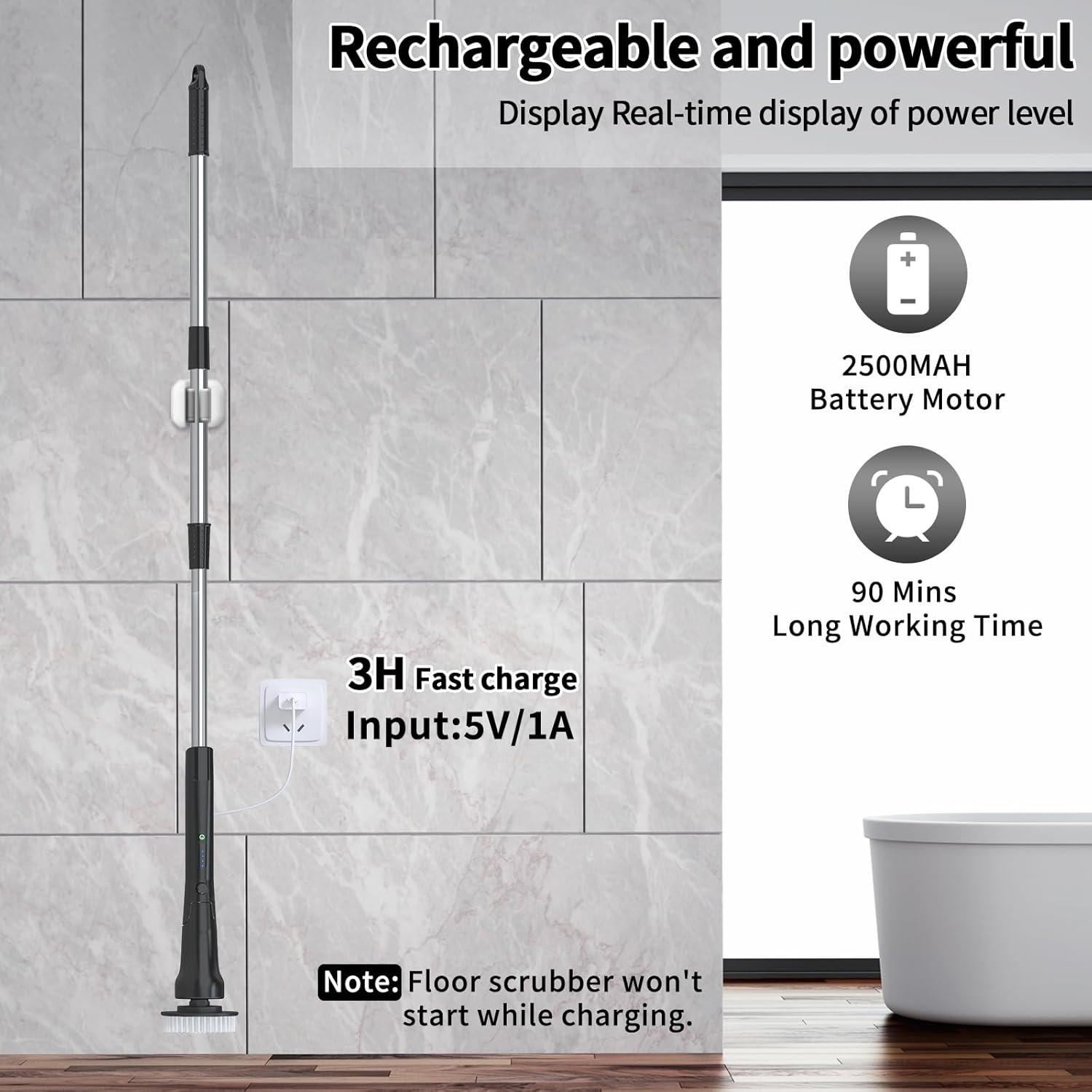 Electric Spin Scrubber, Hillyfe Bathroom Scrubber Electric with 7 Replaceable Brush Heads, IPX7 Waterproof,300/400 RPM, 3 Adjustable Length,Scrubber Brush Electric for Bathtub Floor,Black