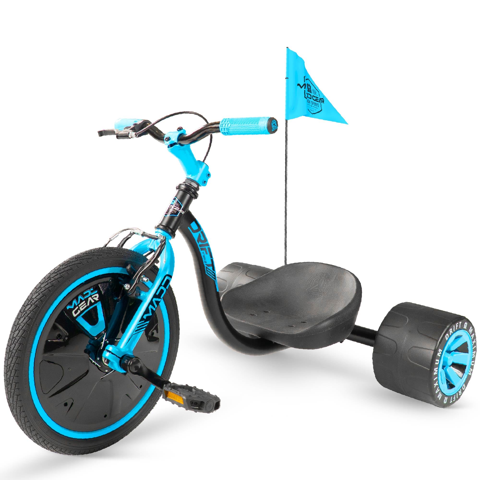 Drift Trike para niños a partir de 5 a 16 pulgadas con rueda grande con asiento ajustable, marco de acero, ruedas traseras y bandera de seguridad, Madd Gear (negro azul)