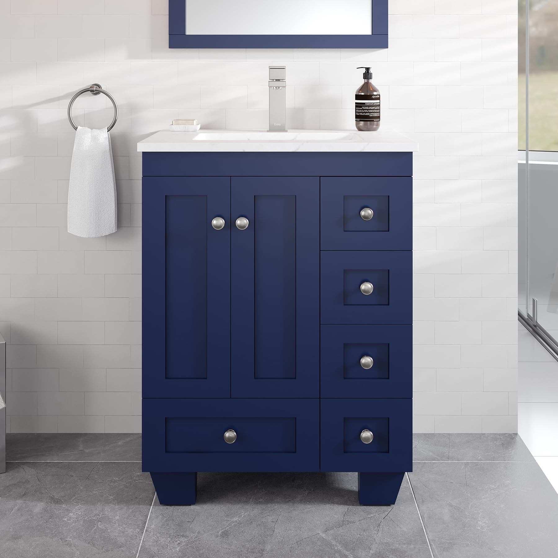 Eviva Acclaim 24 inch Blue Bathroom Vanity with Carrara Quartz Top