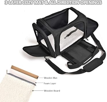 Qlfyuu Cat Carrier Dog Carrier Portable Pet Carrier, Soft Sided Carrier Medium Small Airline Approved, Foldable Bunny Puppy Cat Carrier up to 15lbs, Cat Bag Carrier for Travel(Black,Large)