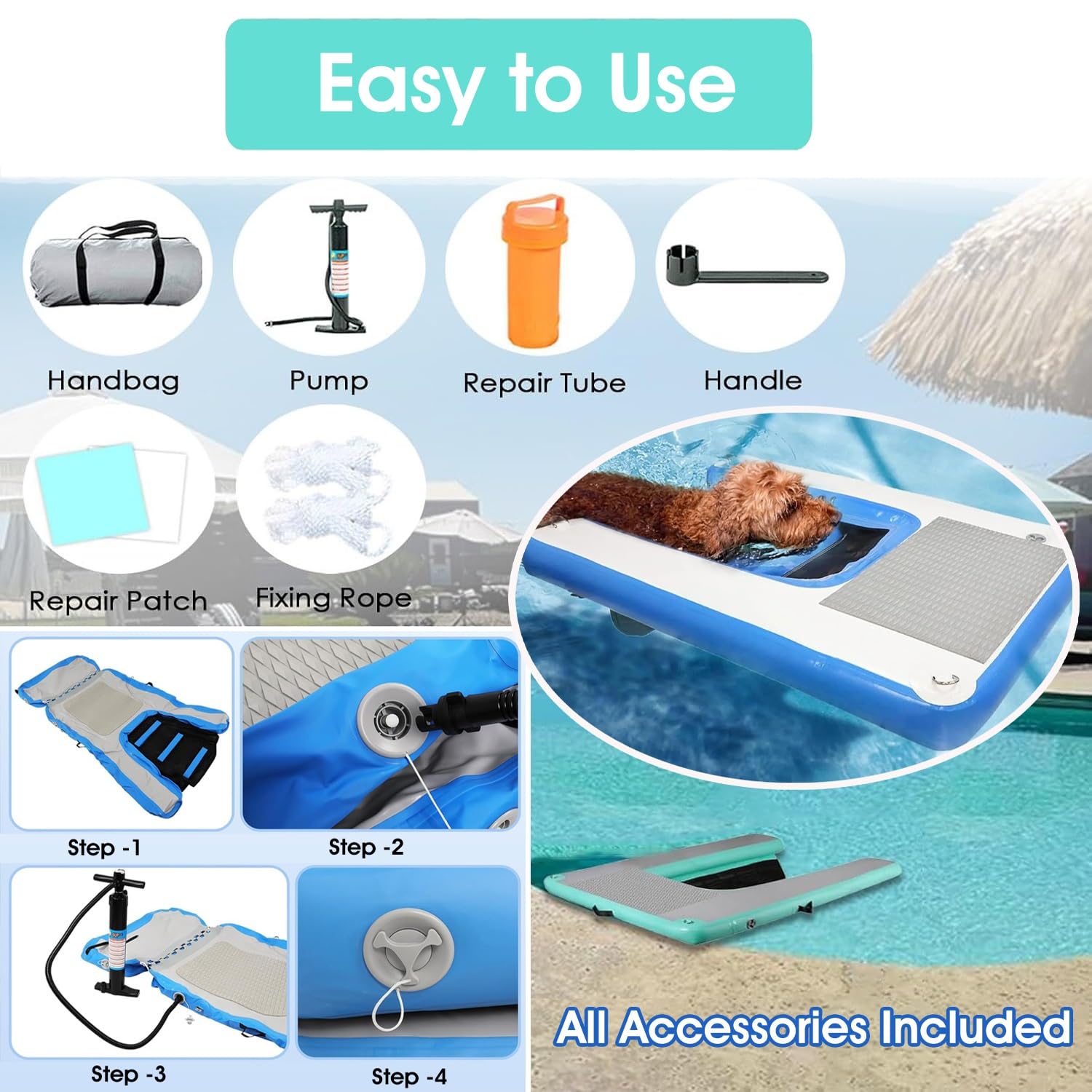 Rampa galleggiante per cani, piattaforma gonfiabile per animali domestici, con gradini antiscivolo, scala per acqua per piscina e barca