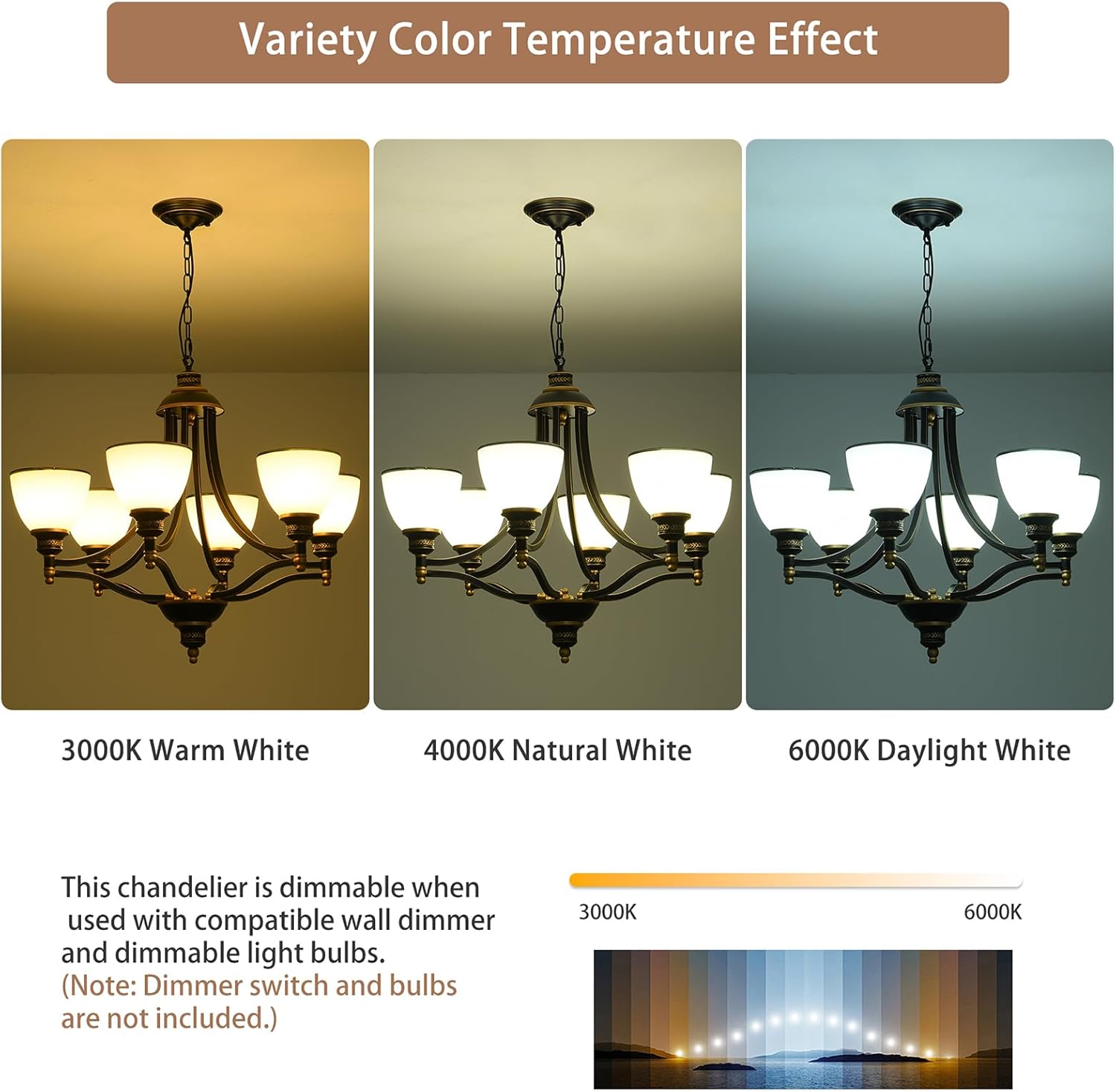 Ganeed Vintage Farmhouse Chandelier with Oil Rubbed Bronze Finish & 6-Frosted Glass Shades, Adjustable Height Rustic Dining Room Ceiling Pendant Lighting for Kitchen Island, Living Room, Dining Table