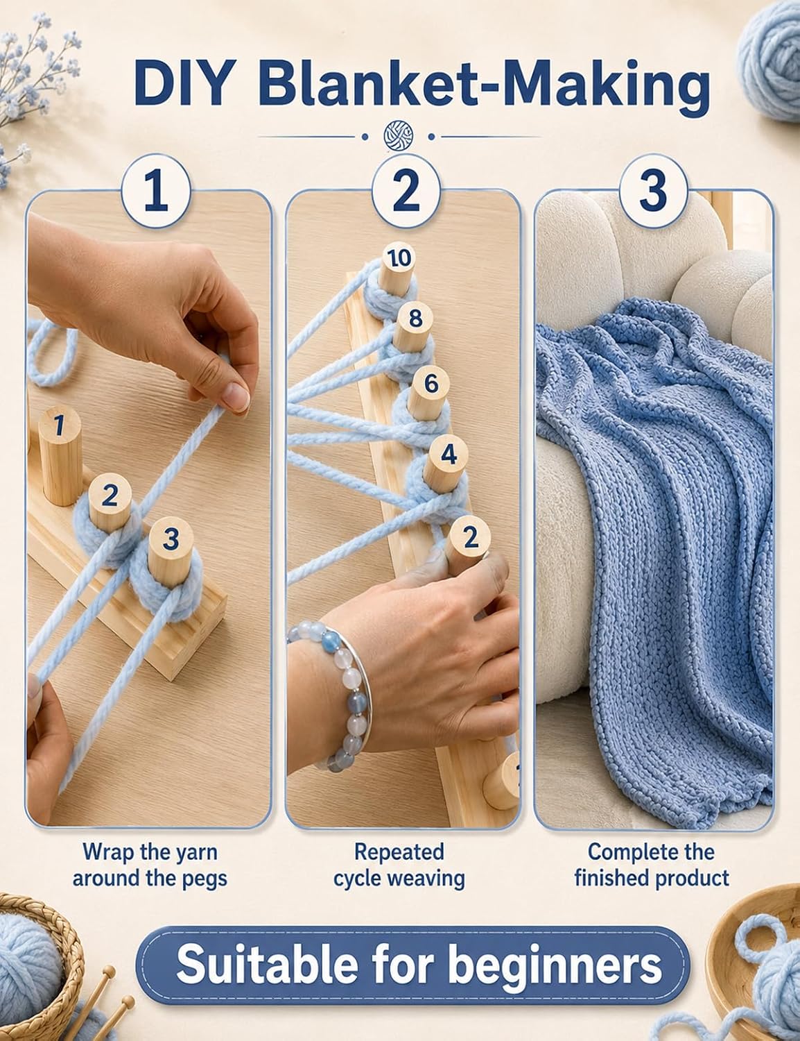 LynxLink 78" Extra Large Chunky Blanket Loom Kit for Beginners, Stable Splinter-Free Wooden Modular Yarn Loom with 12 Sizes Crochet Hooks and Bag, Adjustable Knitting Loom Set Throws DIY Craft