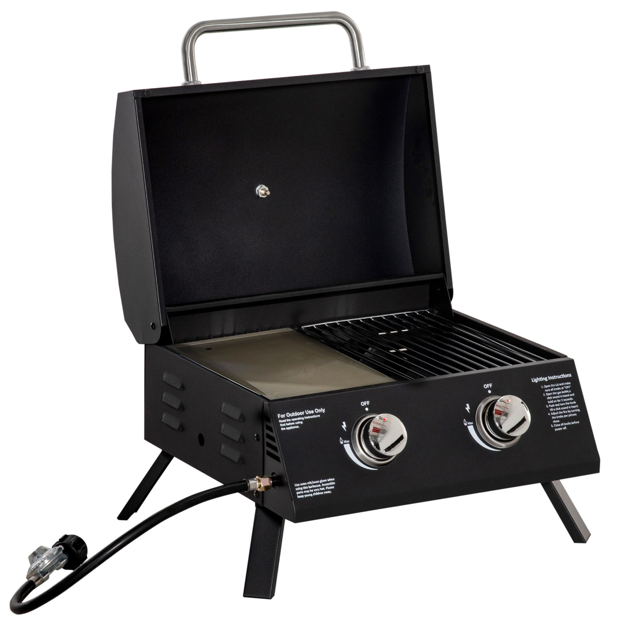 Outsunny BBQ a Gas de Mesa portátil con Patas Plegables 5 kW Negro | 2 Quemadores, BBQ a Gas de Camping, Parrilla de cocción, Bandeja de grasa, Termómetro, Acero apto para alimentos
