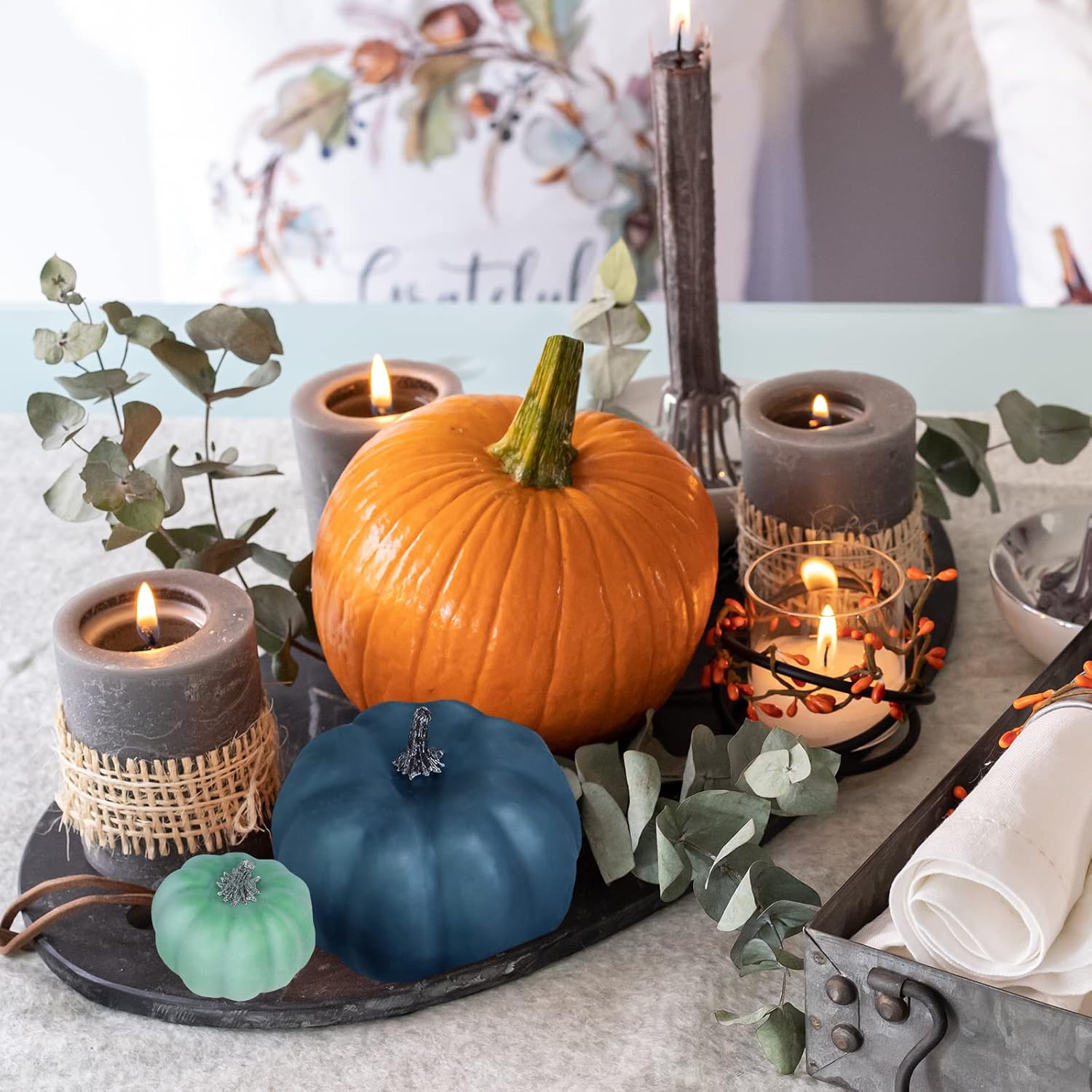 12 Pcs Assorted Small Rustic Harvest Artificial Pumpkins Decorative Pumpkins Foam Pumpkins in Green Blue Gray for Fall Autumn Halloween Thanksgiving Table Centerpiece Mantel Shelf Kitchen Decor