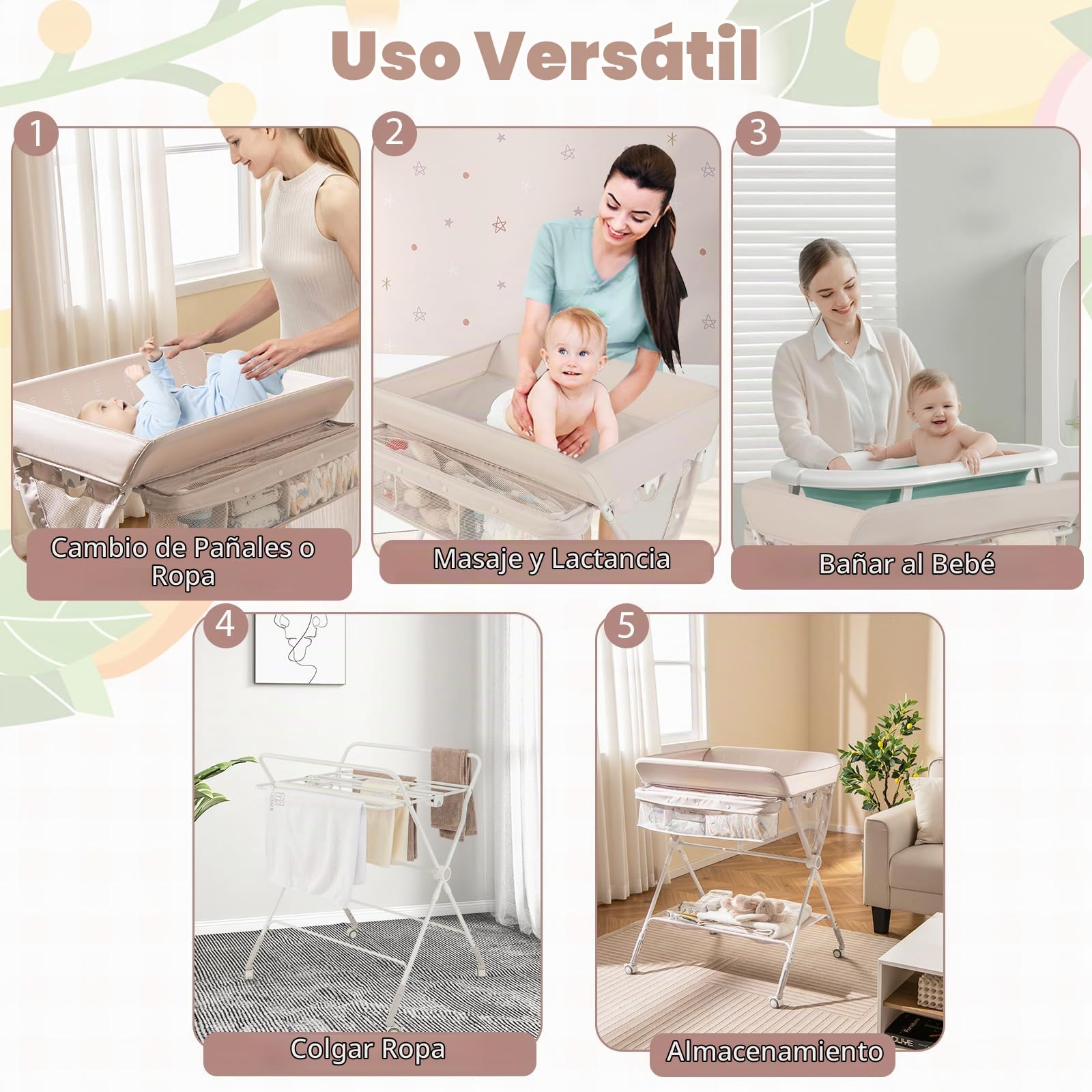 RELAX4LIFE Cambiador de Bebé Plegable con 4 Ruedas Giratorias con Frenos, 3 Alturas Ajustables, Cestas de Almacenamiento y Cinturón de Seguridad, Cambiador Bebe Mueble para Bebé 0-12 Meses (Beige)