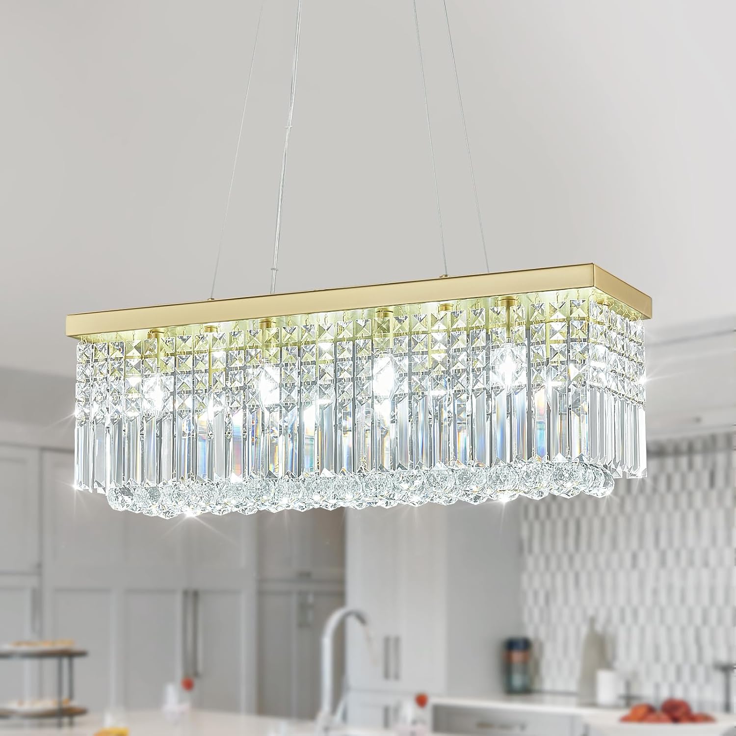 Modern Gold Chandeliers Rectangular Crystal Chandelier 31.5in Ceiling Pendant Light for Kitchen Island Living Room Dining
