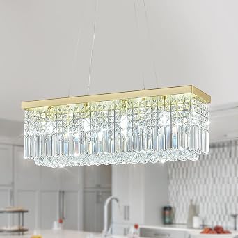Modern Gold Chandeliers Rectangular Crystal Chandelier 31.5in Ceiling Pendant Light for Kitchen Island Living Room Dining