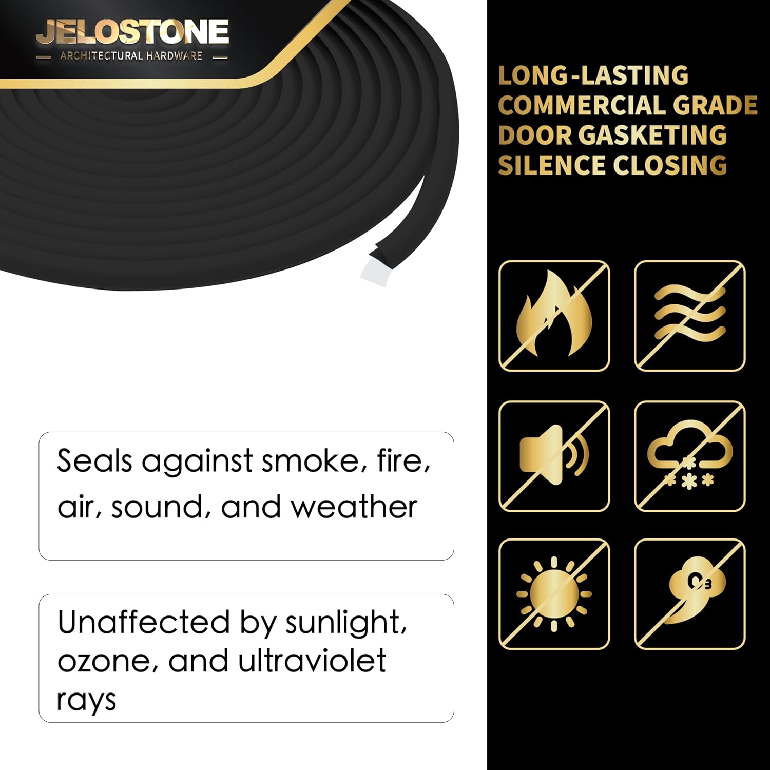 2 Pack -17FT Fire/Smoke Perimeter Gasketing (Black) - Adhesive Silicone Weather Stripping for Steel/Aluminum/Composite Frames, JS-SN44