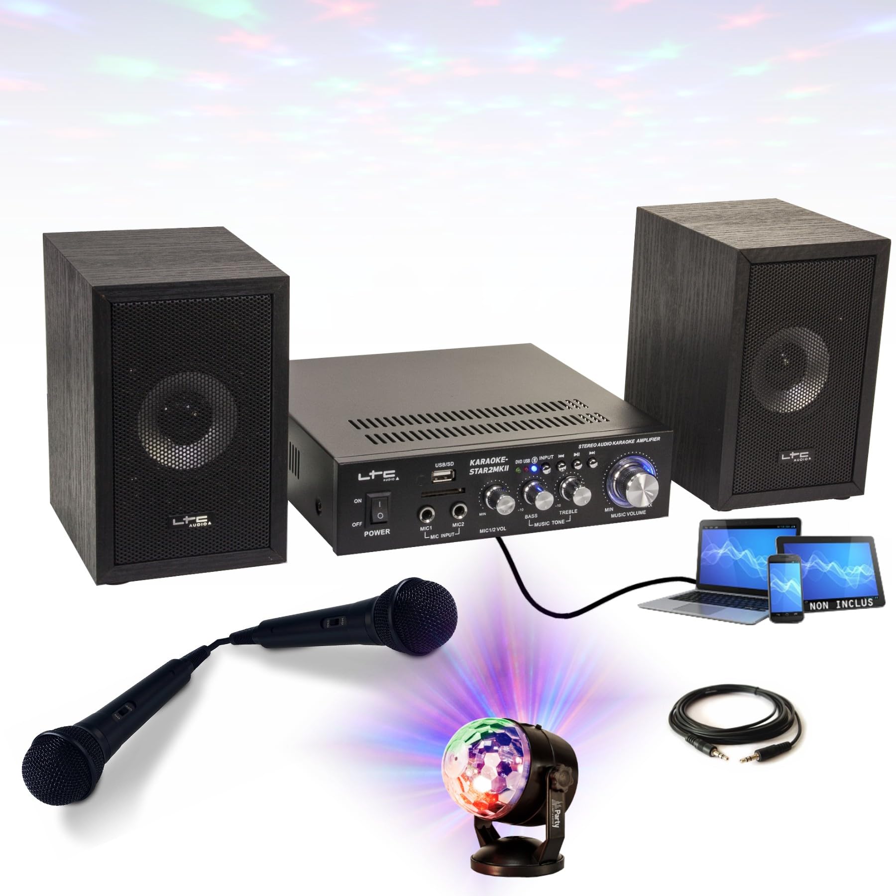 Générique KARAOKE-STAR2MKII LTC - 2 altoparlanti, 2 microfoni, 1 amplificatore Bluetooth USB SD 100 W, gioco luce astro RGB – regalo sera festa