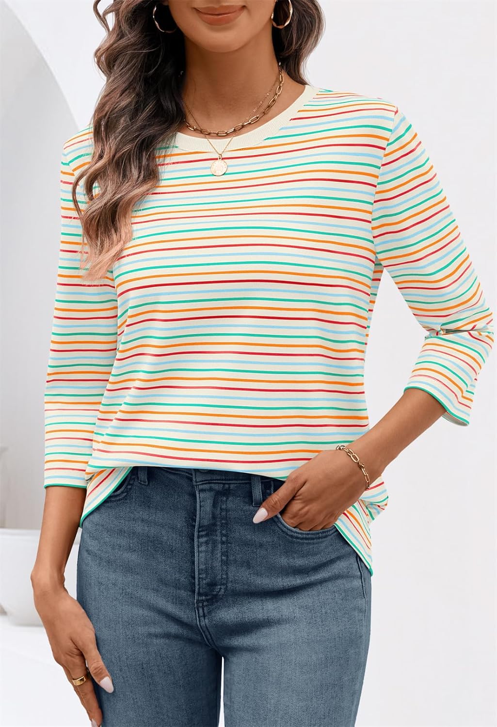 MEROKEETY Women's 2025 Casual 3/4 Sleeve Tops Blouse Crewneck Colorful Striped Fall Loose Shirt - Image 2