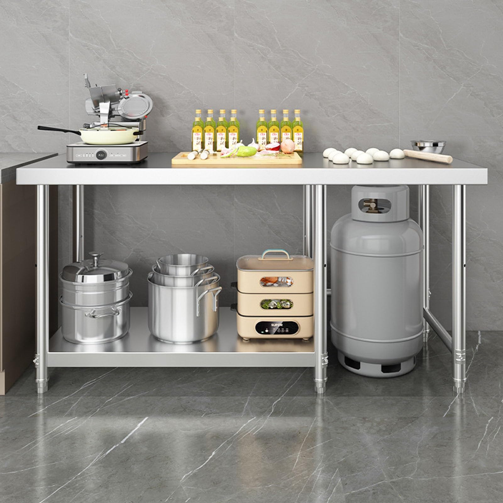 Mesa De Trabajo Inoxidable Profesional, 3 Niveles, Mesas De Cocina Comercial con Estante Portaobjetos, Altura Ajustable, Mesada Cocina INOX para De Restaurante, Bar, Hotel(120x60x80cm)