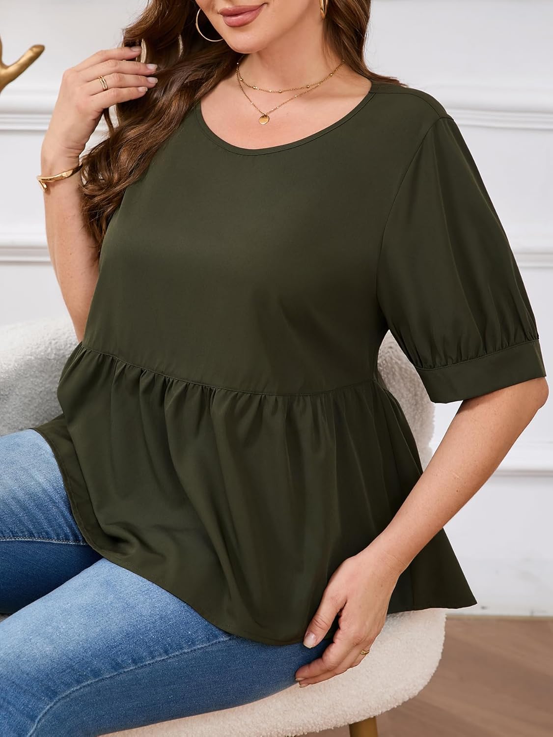 MakeMeChic Women's Plus Size Peplum Tops Short Sleeve Loose Blouse Ruffle Asymmetrical Hem Shirts - Image 5