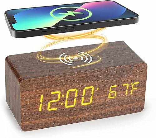 Reloj despertador digital de madera reloj despertador con carga inalámbrica 3 ajustes de alarma regulador automático modo de control de sonido