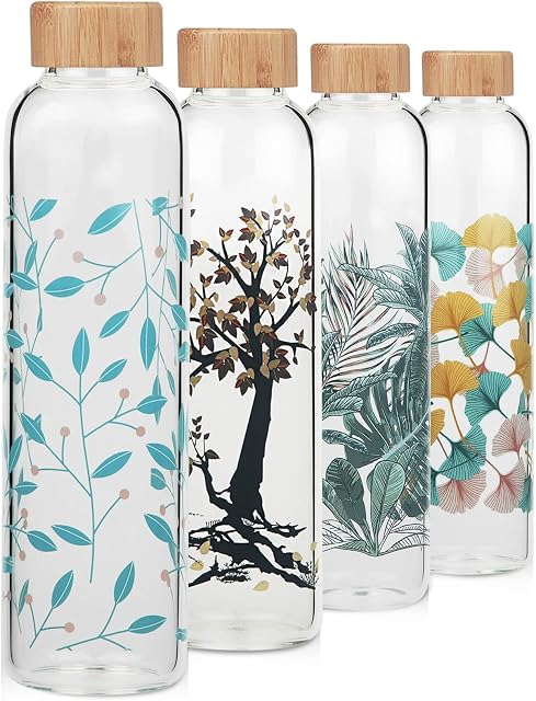 Cleesmil Sports Borosilicate Glass Water Bottle BPA Free Glass Drinking Bottle with Neoprene Sleeve 1000 ml / 1 litre (Leaf)