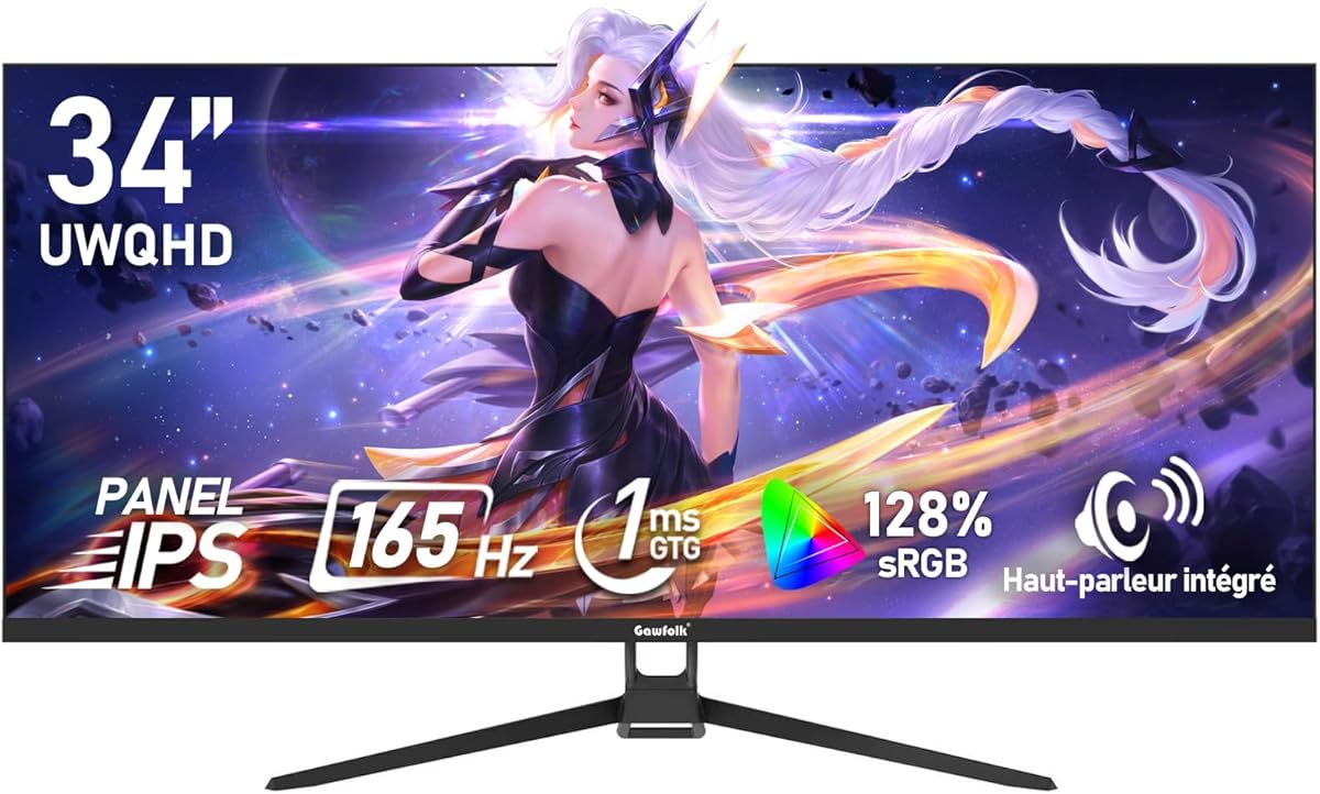 Gawfolk Écran PC IPS Ultra-Large de 34 Pouces，Moniteurs de Jeu 165Hz, 21:9 UWQHD (3440x1440), Adaptive Sync, 128% sRGB, Haut-Parleur intégré,DisplayPort, HDMI, VESA 75 * 75MM- Noir