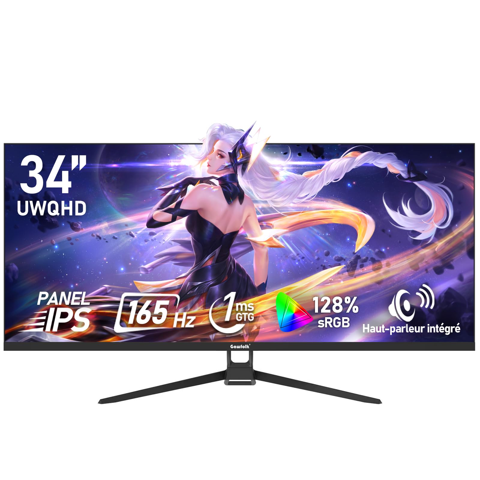 Gawfolk Écran PC IPS Ultra-Large de 34 Pouces，Moniteurs de Jeu 165Hz, 21:9 UWQHD (3440x1440), Adaptive Sync, 128% sRGB, Haut-Parleur intégré,DisplayPort, HDMI, VESA 75 * 75MM- Noir - 1
