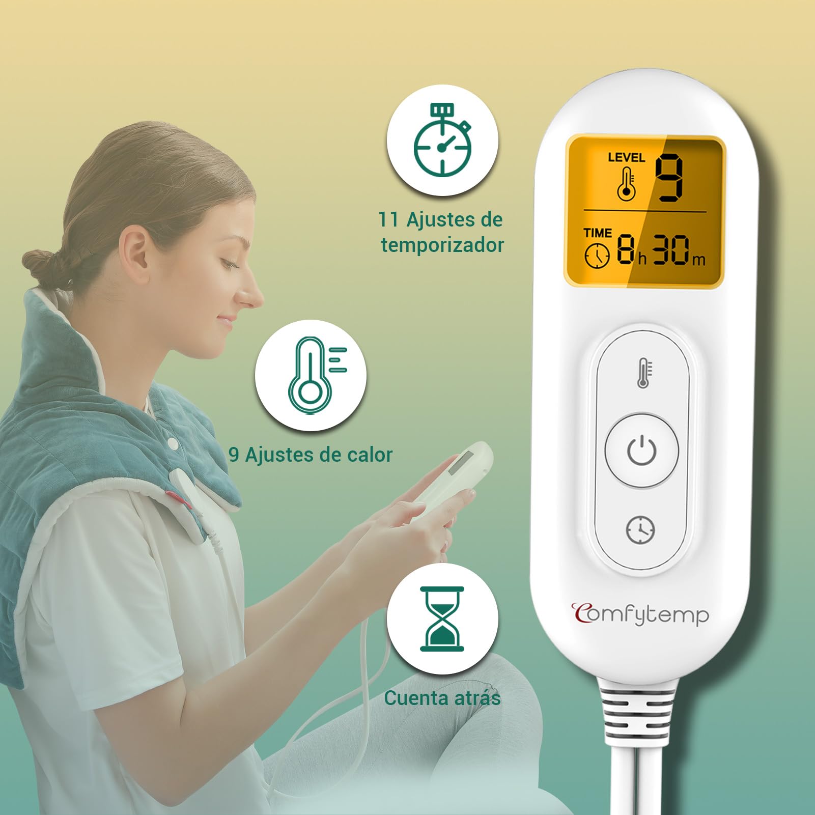 Comfytemp Almohadilla Térmica Cuello, 9 Niveles de Calo y 11 de Temporizador, Almohadilla Térmica Cervical para Relaja el Hombros y Espalda, Apagado Automático, Lavable a Máquina, san Valentin Regalo