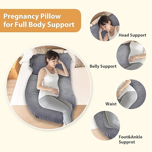 Miniatura 10 de Almohadas de embarazo en forma de C, almohada de maternidad de cuerpo completo de 53 pulgadas con funda de terciopelo lavable, almohada de apoyo de